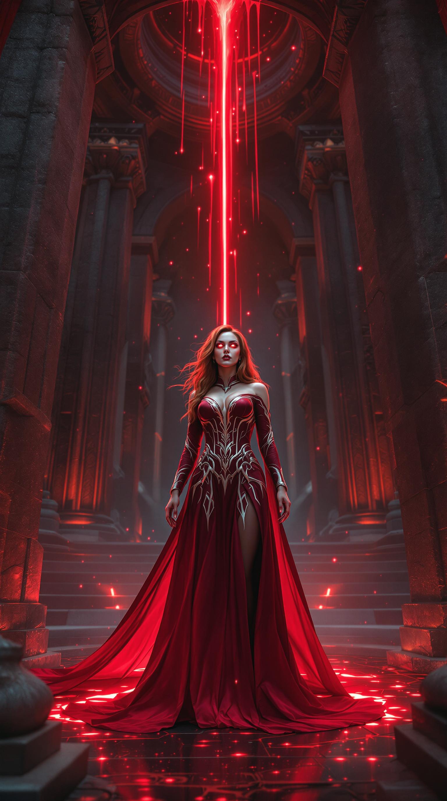 A majestic scene featuring a woman cosplaying as the Scarlet Witch in a grand, ancient stone temple. She stands at the center, her presence commanding attention. The temple's architecture is intricate, with towering columns and detailed carvings that evoke a sense of timeless mysticism. 

Visual Details:
- The woman is adorned in the Scarlet Witch's iconic costume, which is deep red with intricate silver patterns that shimmer under the temple's ambient light. Her hair is styled in a flowing, ethereal manner, complementing the character's magical essence.
- The red Aether, a mystical substance, drips upward from the floor in a surreal, gravity-defying manner, creating a visual paradox that adds to the scene's enchantment. This Aether glows with an inner light, casting a soft red glow across the woman's face and costume.
- Her eyes are glowing a vibrant, eerie red, piercing through the viewer with an intense gaze that conveys both power and allure.

Style:
- The image should capture the essence of fantasy art, reminiscent of the detailed and surreal works of Yoshitaka Amano, where fantasy elements are seamlessly integrated with a touch of reality.

Composition:
- The camera angle is low, looking up slightly to emphasize the grandeur of the temple and to give the Scarlet Witch a more imposing presence. She stands slightly off-center, allowing the viewer's eye to wander through the temple's architecture before settling on her.
- The framing includes part of a large archway in the foreground, framing her within the temple's structure, enhancing the depth and scale of the scene.

Mood and Atmosphere:
- The atmosphere is thick with mystery and magic. The lighting is dim, with the only illumination coming from the Aether's glow, creating dramatic shadows that play across the stone surfaces.
- The time of day is twilight, where the natural light mixes with the red glow to create an otherworldly ambiance.

Technical Aspects:
- Use a shallow depth of field to focus on the Scarlet Witch while allowing the background to blur slightly, emphasizing her as the focal point.
- Employ a high dynamic range to capture the contrast between the dark stone and the glowing red elements, ensuring the details of her costume and the Aether are vividly portrayed.

Cohesion:
- All elements should work together to create a scene where magic feels tangible, the character's power is palpable, and the ancient temple setting enhances the mystical narrative.