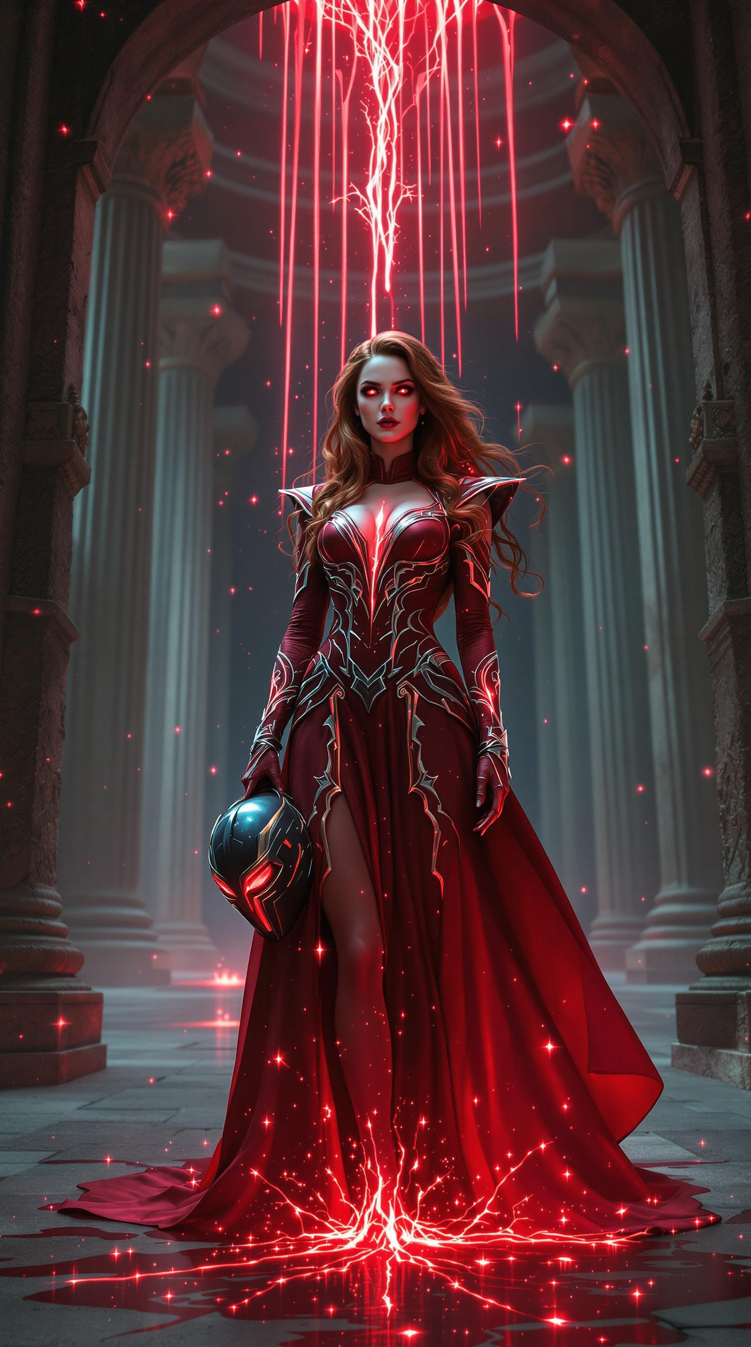 A majestic scene featuring a woman cosplaying as the Scarlet Witch in a grand, ancient stone temple. She stands at the center, her presence commanding attention. The temple's architecture is intricate, with towering columns and detailed carvings that evoke a sense of timeless mysticism. 

Visual Details:
- The woman is adorned in the Scarlet Witch's iconic costume, which is deep red with intricate silver patterns that shimmer under the temple's ambient light. Her hair is styled in a flowing, ethereal manner, complementing the character's magical essence.
- The red Aether, a mystical substance, drips upward from the floor in a surreal, gravity-defying manner, creating a visual paradox that adds to the scene's enchantment. This Aether glows with an inner light, casting a soft red glow across the woman's face and costume.
- Her eyes are eerie red, piercing through the viewer with an intense gaze that conveys both power and allure.
- She is holding Magneto's helmet to her side

Style:
- The image should capture the essence of fantasy art, reminiscent of the detailed and surreal works of Yoshitaka Amano, where fantasy elements are seamlessly integrated with a touch of reality.

Composition:
- The camera angle is low, looking up slightly to emphasize the grandeur of the temple and to give the Scarlet Witch a more imposing presence. She stands slightly off-center, allowing the viewer's eye to wander through the temple's architecture before settling on her.
- The framing includes part of a large archway in the foreground, framing her within the temple's structure, enhancing the depth and scale of the scene.

Mood and Atmosphere:
- The atmosphere is thick with mystery and magic. The lighting is dim, with the only illumination coming from the Aether's glow, creating dramatic shadows that play across the stone surfaces.
- The time of day is twilight, where the natural light mixes with the red glow to create an otherworldly ambiance.

Technical Aspects:
- Use a shallow depth of field to focus on the Scarlet Witch while allowing the background to blur slightly, emphasizing her as the focal point.
- Employ a high dynamic range to capture the contrast between the dark stone and the glowing red elements, ensuring the details of her costume and the Aether are vividly portrayed.

Cohesion:
- All elements should work together to create a scene where magic feels tangible, the character's power is palpable, and the ancient temple setting enhances the mystical narrative.