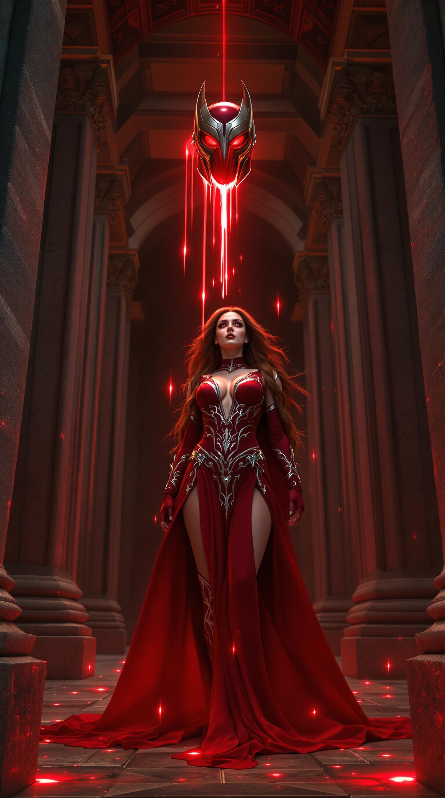 A majestic scene featuring a woman cosplaying as the Scarlet Witch in a grand, ancient stone temple. She stands at the center, her presence commanding attention. The temple's architecture is intricate, with towering columns and detailed carvings that evoke a sense of timeless mysticism. 

Visual Details:
- The woman is adorned in the Scarlet Witch's iconic costume, which is deep red with intricate silver patterns that shimmer under the temple's ambient light. Her hair is styled in a flowing, ethereal manner, complementing the character's magical essence.
- The red Aether, a mystical substance, drips upward from the floor in a surreal, gravity-defying manner, creating a visual paradox that adds to the scene's enchantment. This Aether glows with an inner light, casting a soft red glow across the woman's face and costume.
- Her eyes are eerie red, piercing through the viewer with an intense gaze that conveys both power and allure.
- She uses magic to suspend Magneto's helmet above her head

Style:
- The image should capture the essence of fantasy art, reminiscent of the detailed and surreal works of Yoshitaka Amano, where fantasy elements are seamlessly integrated with a touch of reality.

Composition:
- The camera angle is low, looking up slightly to emphasize the grandeur of the temple and to give the Scarlet Witch a more imposing presence. She stands slightly off-center, allowing the viewer's eye to wander through the temple's architecture before settling on her.
- The framing includes part of a large archway in the foreground, framing her within the temple's structure, enhancing the depth and scale of the scene.

Mood and Atmosphere:
- The atmosphere is thick with mystery and magic. The lighting is dim, with the only illumination coming from the Aether's glow, creating dramatic shadows that play across the stone surfaces.
- The time of day is twilight, where the natural light mixes with the red glow to create an otherworldly ambiance.

Technical Aspects:
- Use a shallow depth of field to focus on the Scarlet Witch while allowing the background to blur slightly, emphasizing her as the focal point.
- Employ a high dynamic range to capture the contrast between the dark stone and the glowing red elements, ensuring the details of her costume and the Aether are vividly portrayed.

Cohesion:
- All elements should work together to create a scene where magic feels tangible, the character's power is palpable, and the ancient temple setting enhances the mystical narrative.