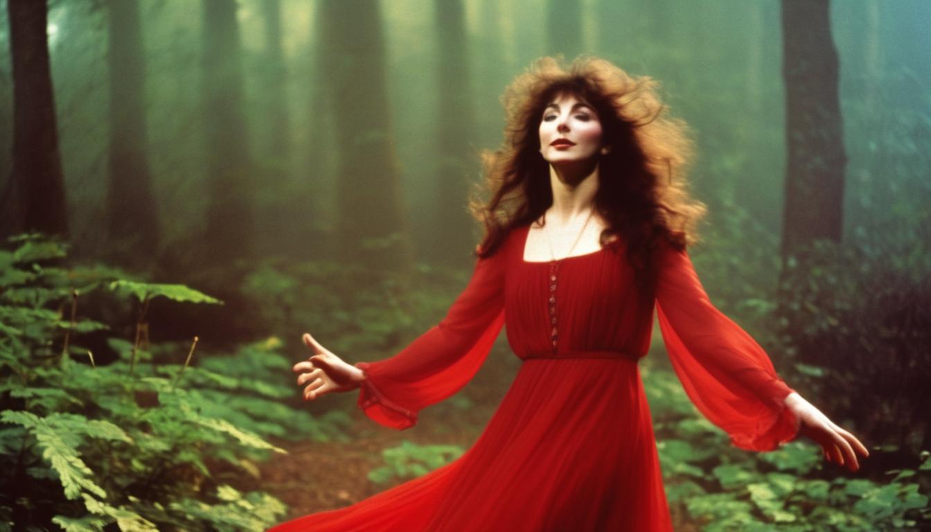 a 1979s photo of an Irish folk rock festival, 21yo Kate_Bush with wide open eyes, dancing on a stage in the forest, dramatic ballet_dance pose, raised arms, transparent red dress, ivy, stage light, colored lights, stage fog, video effects