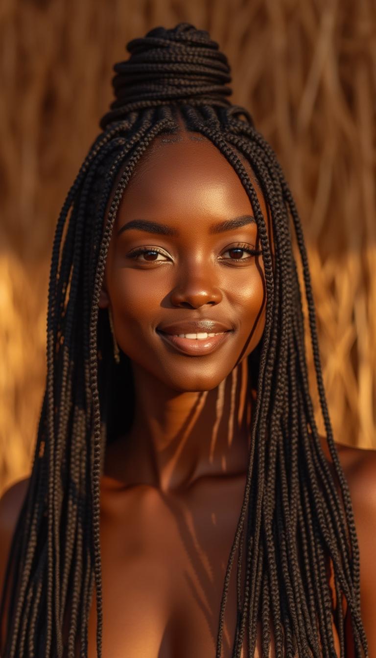 A warm, golden-lit photograph of a stunning individual with dark black skin and a beautiful, intricate hairstyle featuring thinly braided strands that cascade down their back, exemplifying the protective benefits of braids on hair length. The braids are tightly woven, with each delicate thread meticulously intertwined to create a mesmerizing pattern. The subject's facial features are strong and elegant, with high cheekbones, a small nose, and full lips that curve into a gentle, knowing smile. The overall aesthetic is natural and earthy, with the warm lighting emphasizing the subject's rich skin tone. In the background, a blurred, earthy-toned texture subtly complements the subject's striking appearance. The image exudes a sense of confidence, self-care, and pride, highlighting the importance of hair protection and the beauty of black hair.