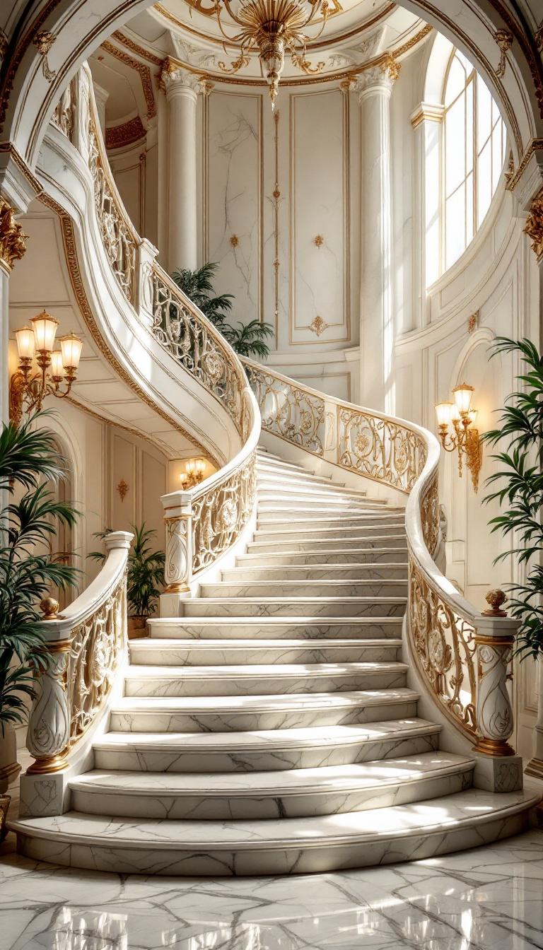 A majestic, opulent white marble staircase situated in a grand, high-ceilinged interior, with intricately carved ornate banisters and gilded accents, surrounded by lavish furnishings and ornamental decorations, flooded with soft, warm natural light pouring in from an unseen source, casting subtle shadows and highlighting the staircase's textured, veined marble surface, with each step gently curving downward in a sweeping, regal gesture, evoking a sense of luxury and sophistication.
