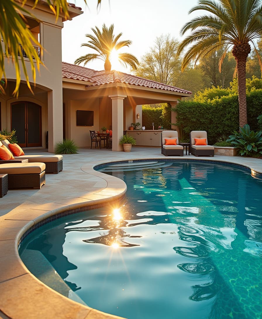 A serene and luxurious backyard oasis, bathed in warm, golden sunlight, features a sparkling pool with crystal-clear, glistening water that shimmers like diamonds. Sunbeams dance across the pool's surface, casting a mesmerizing glow. Plush, cushioned lawn chairs, adorned with vibrant, colorful pillows, are strategically placed around the pool, inviting relaxation and recreation. An expansive, outdoor kitchen area, complete with sleek, modern appliances and ample counter space, beckons al fresco dining and entertainment. Lush, vibrant greenery and a few strategically placed palm trees surround the backyard, adding a touch of tropical elegance. The atmosphere is tranquil, perfect for a warm summer afternoon spent lounging by the pool or enjoying a meal with friends and family.