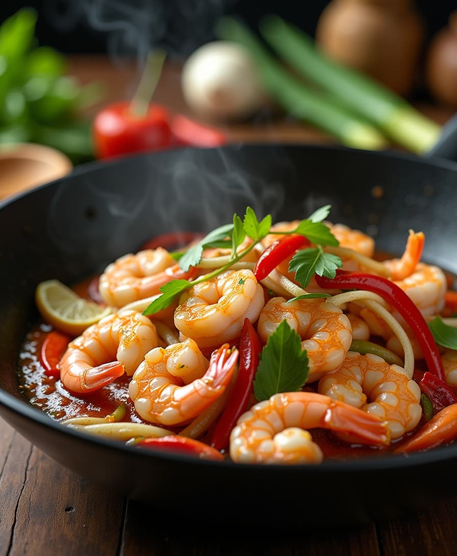 Photo Prompt:

A close-up shot of a sizzling seafood stir-fry, known as "Pad Cha Talay," in a black wok. The dish features plump shrimp, tender squid rings, and white fish chunks, all coated in a glossy, spicy sauce. Fresh ingredients like red chili slices, young green peppercorns, slivered fingerroot, and torn kaffir lime leaves are scattered throughout, giving the dish a vibrant, aromatic appeal. Steam rises from the wok, emphasizing the heat and freshness of the dish. In the background, a traditional Thai kitchen setting with wooden utensils and fresh herbs is visible, enhancing the authentic, home-cooked feel.

