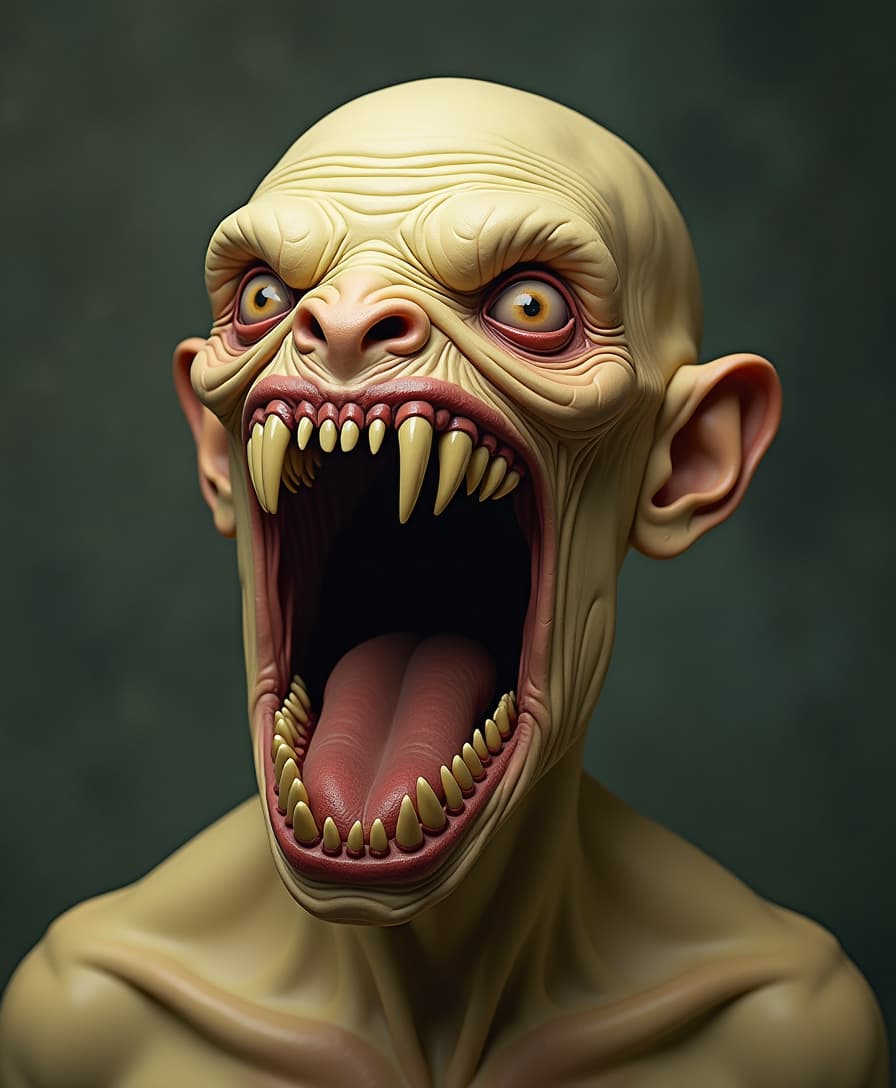 A grotesque, eyeless, noseless creature with an enormous, tooth-filled maw, its gigantic mouth stretching across its face with colossal, powerful jaws, the lips thin and cruel, skin a sickly pale yellow, with visible wrinkles and folds, as if stretched to its limits, set against a dark, muted background that accentuates the monstrosity's macabre features.

