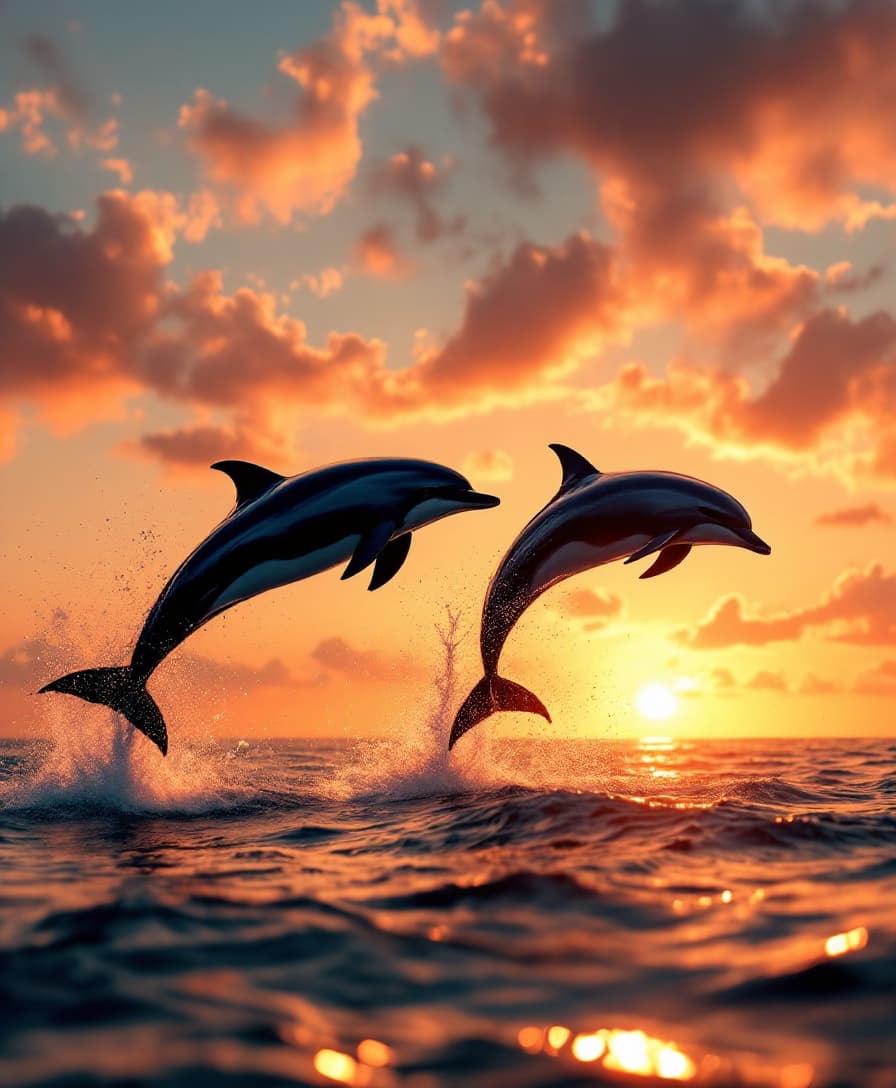 A breathtaking candid photography capturing the fleeting moment of two dolphins in mid-air, silhouetted against the vibrant warm hues of a serene sunset, with the ocean's waves glistening in the foreground, as the golden light of the setting sun casts a gentle glow on the rippling water, with the dolphins' sleek bodies arcing through the air, their dorsal fins and flippers elegantly outstretched, set against a backdrop of feathery clouds tinted with shades of coral, peach, and mauve, with the sky gradating from a soft blue at the horizon to a deep burnt orange towards the top, evoking a sense of freedom, joy, and harmony with nature.
