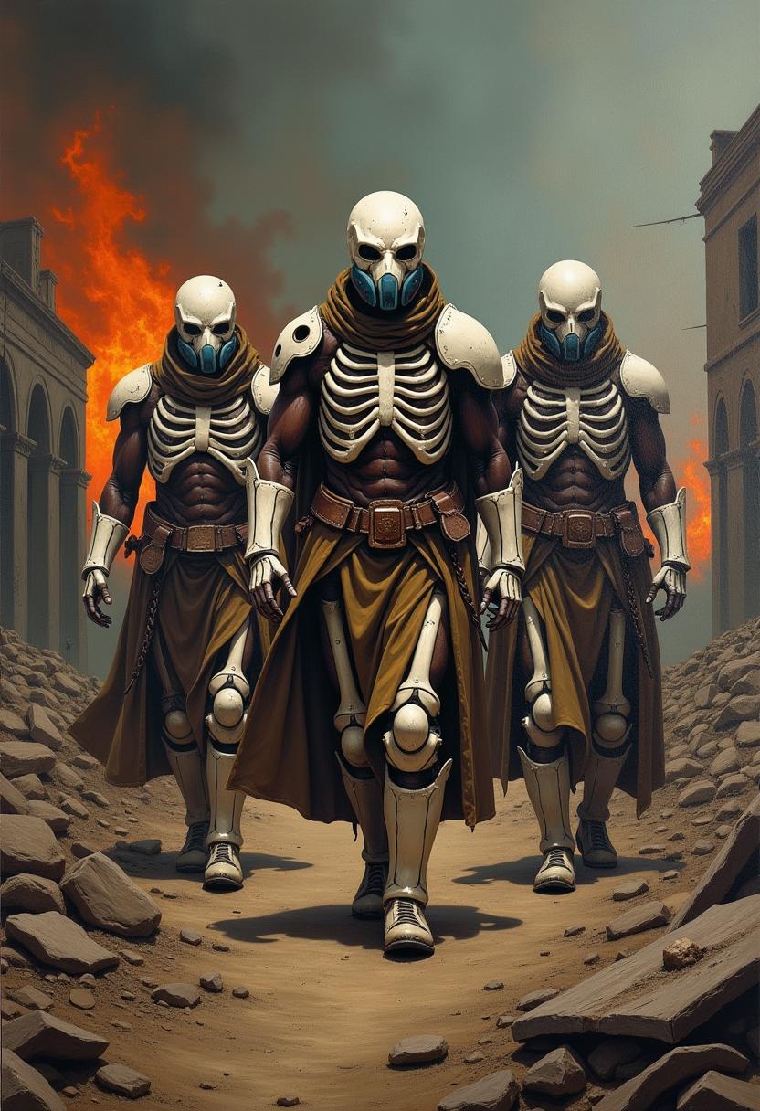 Oil painting - ultra-detailed - film epic: showing post-apocalyptic Zulu warriors walking through the ruins of a burnt city. The bodies are covered in armor made of metal and bones - white - faces are clear with realistic precision. In their hands they hold different types of armor. Small oxygen masks on their mouths. The figures are resolute and determined. Camera shot - perspective. The scene is full of darkness and dystopian tension, in the background burning ruins and apocalyptic sky - flames. 8k