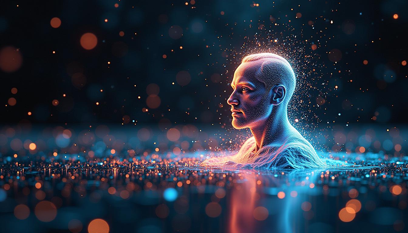 Digital painting of a holographic Dirac Sea, Godfather's head emerges from luminous points, abstract landscape vibrant with quantum moving particles, mathematical formulae, and geometric anomalies, energy states as points of light on dark background, Dirac Delta function, fractals, Godfather's equations melded into the scene, relativity fields interlaced, ultra-clear, digital painting.