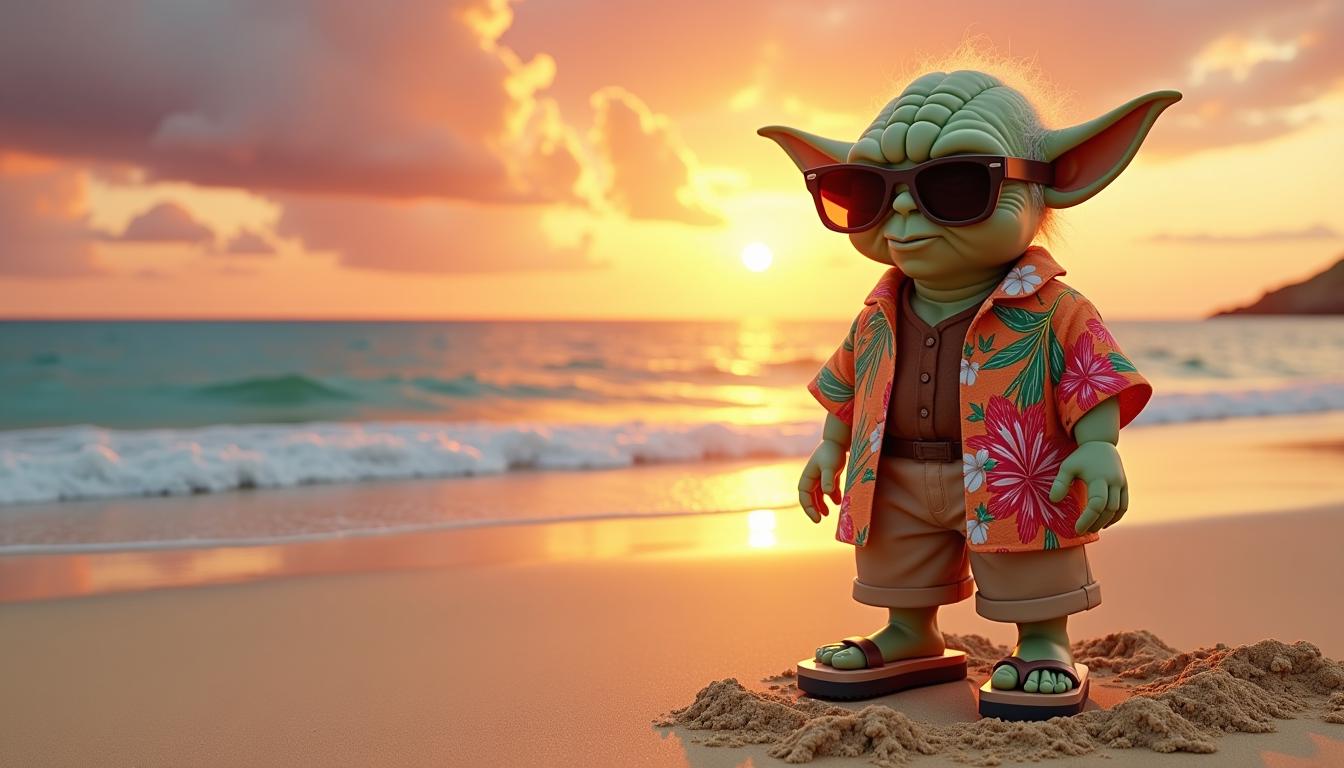 Yoda, dressed in a vibrant Hawaiian shirt and stylish sunglasses, stands on a pristine sandy beach, the sun setting behind him. The scene is bathed in the warm, golden hues of sunset, with the sky painted in an array of oranges, pinks, and purples. Yoda's face, meticulously crafted from the sand, displays an expression of serene contemplation, his eyes reflecting the fading light. The sand around him is sculpted with fine, intricate details, showcasing the texture of his skin and the folds of his clothing. 

**Visual Details:**
- Yoda's attire includes a vividly patterned Hawaiian shirt with colors that complement the sunset, paired with khaki shorts, flip-flops, and a sun hat. 
- The sand around Yoda is sculpted with such detail that it appears almost lifelike, with grains of sand mimicking the texture of his wrinkled skin.
- The sunset's reflection on the calm sea creates a mirror image of the sky, with soft waves gently lapping at the shore.

**Style:**
- Digital painting style with a hyper-realistic approach, focusing on photorealistic textures and lighting effects.
- The style should evoke the grandeur of a classical landscape painting while incorporating the whimsical nature of Yoda's character.

**Composition:**
- Yoda stands in the foreground, slightly off-center to the right, allowing for the expansive sky and ocean to dominate the scene.
- The camera angle is low, capturing the grandeur of the sunset while emphasizing Yoda's diminutive stature against the vastness of the beach.

**Mood and Atmosphere:**
- The atmosphere is serene and tranquil, with the golden hour lighting creating a warm, inviting ambiance.
- The scene exudes a sense of peace and the end of a day, with the gentle, soft shadows of volumetric lighting enhancing the mood.

**Technical Aspects:**
- Utilize ray tracing for realistic light behavior, ensuring the reflection on the water and the shadows are accurate.
- Employ depth of field to blur the background slightly, focusing attention on Yoda while maintaining the depth of the scene.
- Use HDR techniques to capture the range of colors and contrasts present during sunset.

**Cohesion:**
- All elements are designed to work harmoniously, from the detailed sand sculpture of Yoda to the reflective water and the expansive, painted sky, creating a unified, believable scene of a legendary figure enjoying a beach sunset.