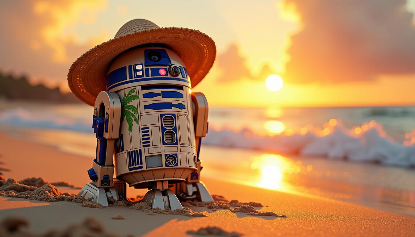 R2-D2 adorned in full beach attire, complete with a colorful Hawaiian shirt and a straw hat, stands on a pristine sandy shore as the sun descends below the horizon. The beach setting captures a stunning sunset vibe, with the sand around R2-D2 sculpted into intricate facial features, mimicking his usual expression with surprising detail. The golden hour lighting bathes the scene in a warm, inviting glow, enhancing the ambiance with soft, volumetric lighting that casts gentle, elongated shadows across the sand. The image is ultra-realistic, rendered in the style of a digital painting, showcasing a masterful blend of digital textures and brushwork. The sunset's reflection on the calm water adds a layer of depth and tranquility to the composition, creating a harmonious balance between the playful character of R2-D2 and the serene, natural beauty of the beach setting.