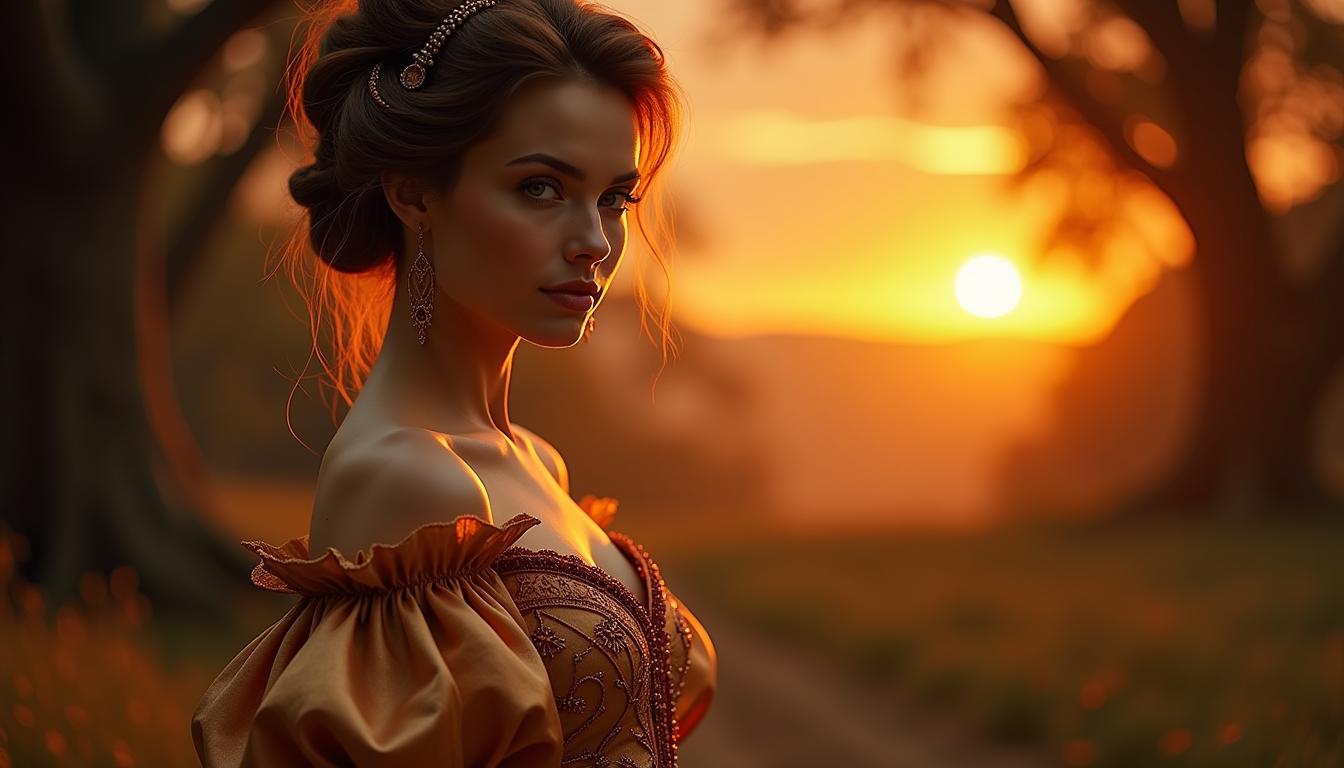 Mysterious Julia Summer, her elegant hair in a brown updo, poised before The Wonderful Hereafter, her captivating gaze fixed upon the viewer, donned in a stunningly ornate Victorian dress echoing the unfolding sunset; subtly blending Artgerm's contemporary stylings with Rubens' timeless grace, scenery draped in grandeur, towering trees standing majestically with broad, shadow casting crowns alongside