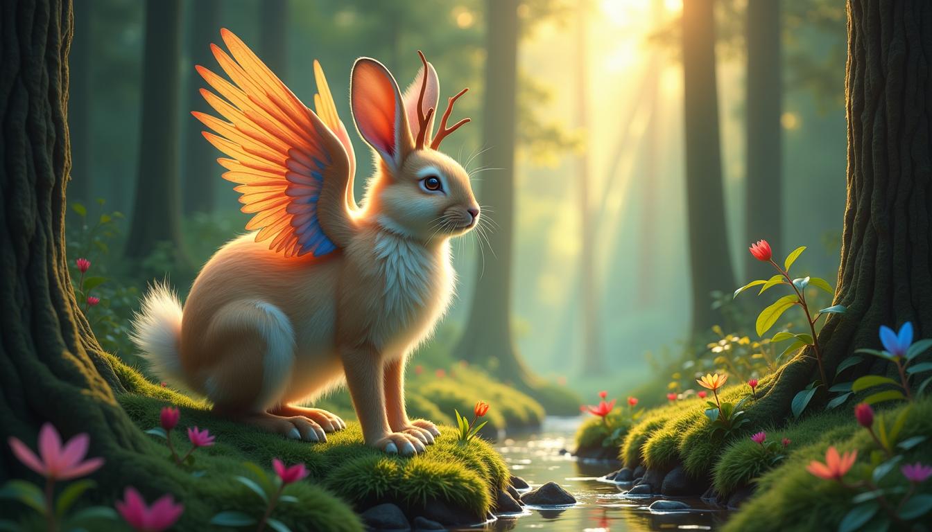 The image depicts a fantastical creature that combines the features of a rabbit and a bird, set against a magical forest backdrop. The narrative elements and story being told in this image are as follows1. Fantasy Creature The central figure is a mythical being that has the body of a rabbit with long, fluffy fur and a pair of long ears. It also has the wings of a bird, with feathers that display a spectrum of colors, suggesting a vibrant and dynamic presence. This creature is not found in nature, indicating a fantastical element to the story.2. Antlers The creature has antlers on its head, which are more commonly associated with deer or goats. This adds to the mythical nature of the character, as it is not a typical feature of a rabbit.3. Forest Setting The creature is set against a backdrop of a mystical forest. The trees are tall and straight, with a canopy that filters sunlight through the leaves, casting a magical glow on the scene. The forest floor is covered in lush green moss and vibrant, colorful plants, with a small stream meandering through it. The magical forest suggests a place of enchantment and mystery, possibly a realm where fantastical creatures like the one in the image dwell.4. Light and Atmosphere The use of light in the image creates a sense of wonder and magic. The sunlight filtering through the trees casts a warm, golden hue on the scene, while the creature itself is illuminated by a soft, ethereal light, giving it a divine or otherworldly quality. The atmosphere is one of fantasy and enchantment, inviting the viewer into a world of magic and possibility.5. Story Potential The image could be the starting point for a story about this fantastical creature and its adventures in the magical forest. It could be a tale of discovery, friendship, and the exploration of a world filled with wonder and magic. The creatures unique appearance and the enchanting forest setting provide ample opportunity for a rich and imaginative narrative.