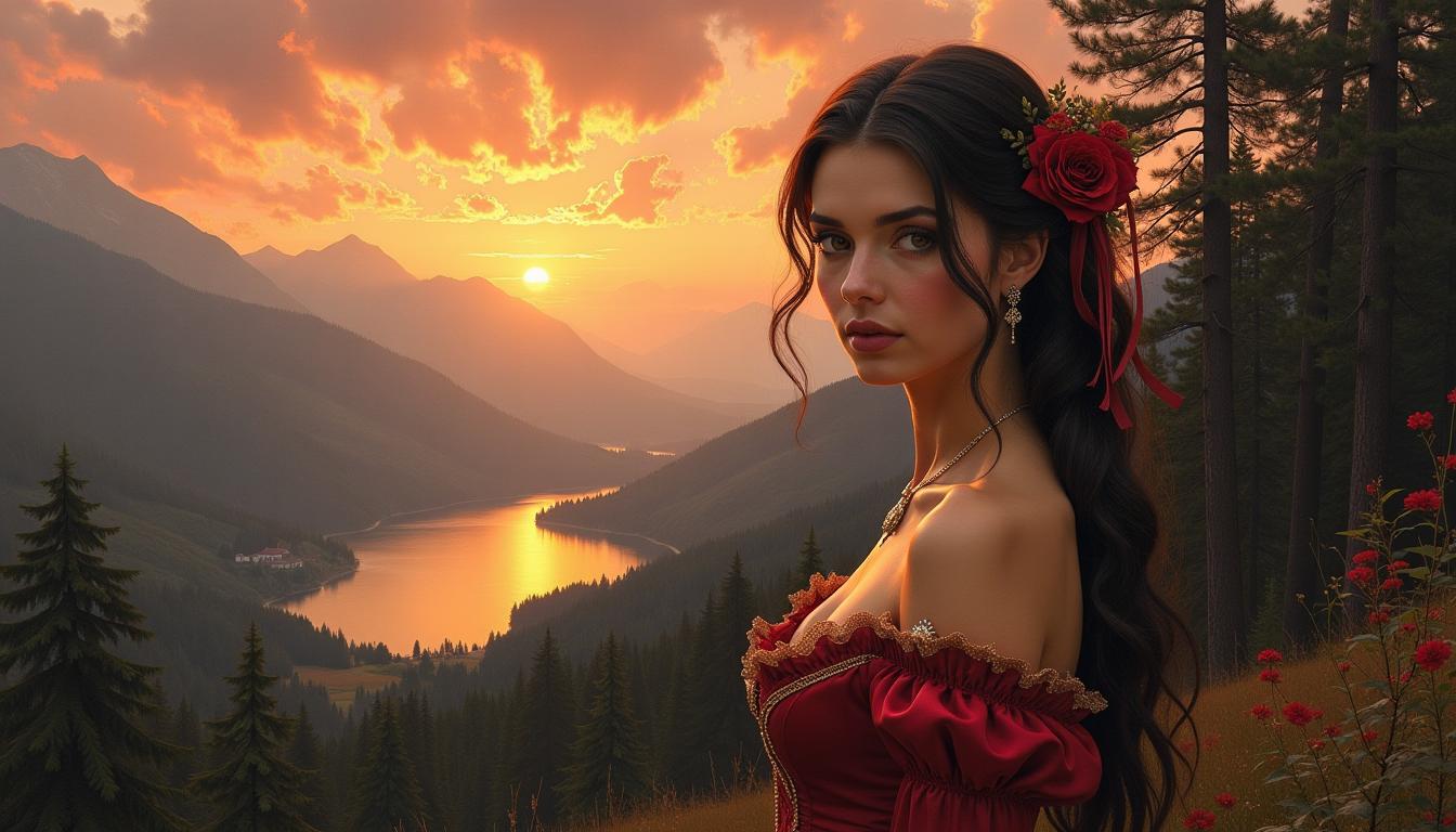 Clarissa Virginia [looks like Dejah Thoris], a blend of Artgerm and Rubens style [very detailed painting in the tradition of Hudson River School], beauty  victorian  hair, clad in a stunning victorian dress, looking at you, against a dramatic landscape of Hereafter bathed in the magic glow of twilight, stunning Hereafter landscape, victorian villa, forrest, Dream-View, Lake, backlighting, soft shadows, vibrant skyline, intricate fabric textures, hyper-detailed, golden hour ambiance, ultra realistic, wow effect

