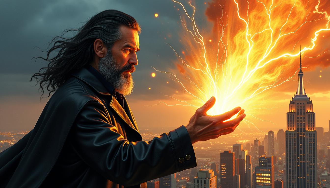 Balthazar Blake, Age 50, long black hair with grey strands,  he conjures up a radiantly large bright magic light explosion with his hands, some lightnings, digital painting by Artgerm and Boris Vallejo, intricate drawing in oil and ink, Three-day beard and shoulder-length, slightly graying hair, hanging down in a tangle, old black leather coat, Szene in NYC high above on the Chrysler Tower, twilight mood, from the Movie "The Sorcerer’s Apprentice", a fantastic full body portrait, storybook illustration, hyper detailed comic strip art, digital painting by Artgerm and Boris Vallejo, intricate drawing in oil and ink, combination of watercolor, sharp and smooth, high resolution, broken effect background, perfect colour composition, HDR, UHD, award winning masterpiece

