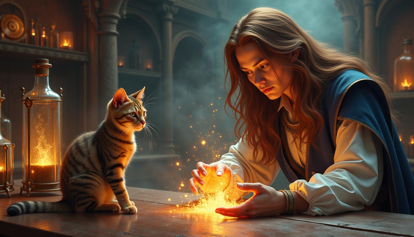 Sam Timeless the Sorcerer, brown hair cascading long, conjures a spell, face visible, beside a cat, Fantasy laboratory setting, magical effects radiate from hands, alchemical apparatus spread across grand table, Artgerm meets Rubens in style, 8K resolution, spellbinding magical effects, digital painting.
