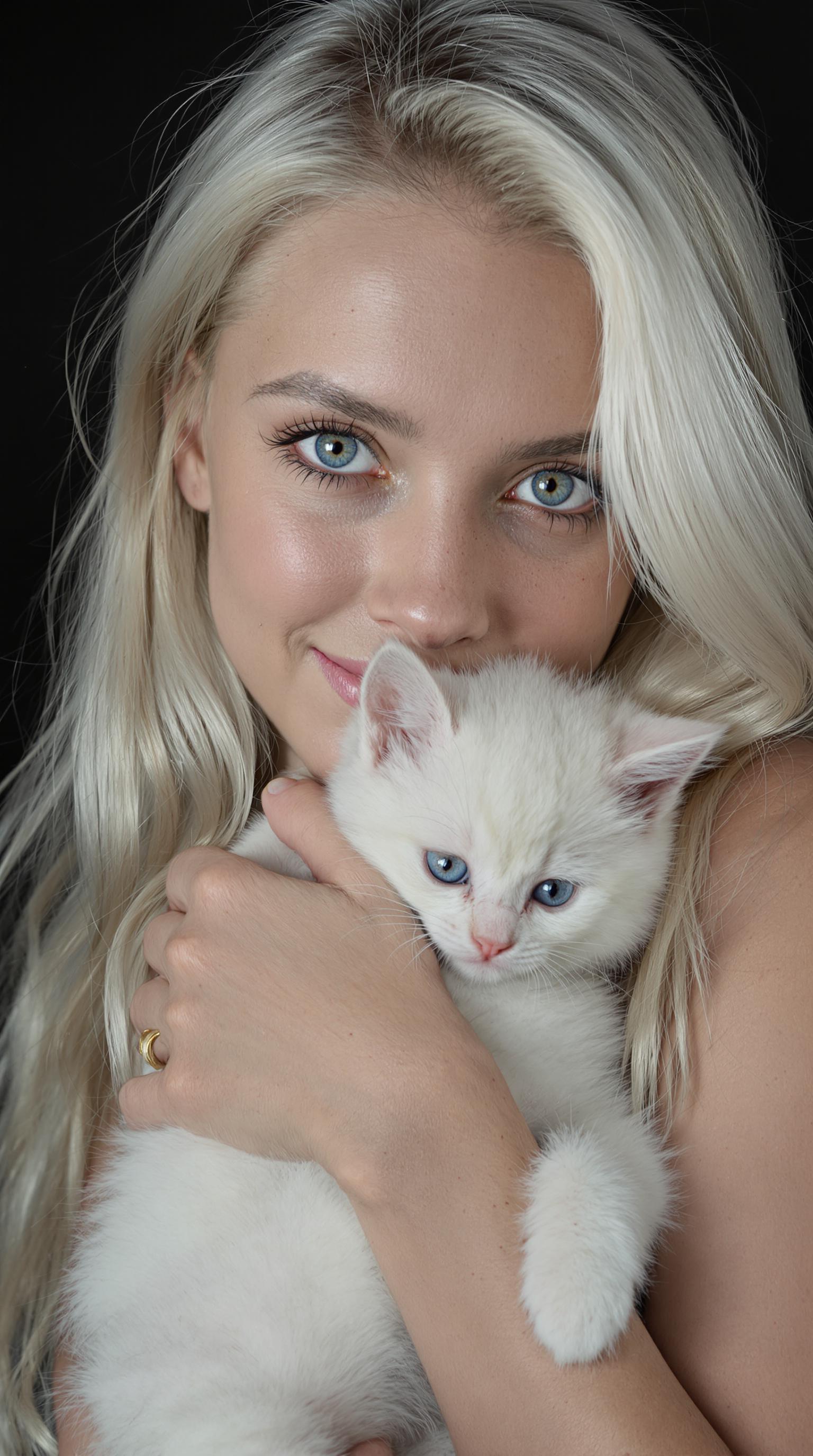 breathtaking professional photo of a 19 yo girl with silver blond long hair, white eyebrows, white eyelashes, pale skin, light freckles, amazing detailed clear ice blue eyes, girl holding a white kitten and hug it, Hasselblad professional studio photoshoot, light from the side, dark background