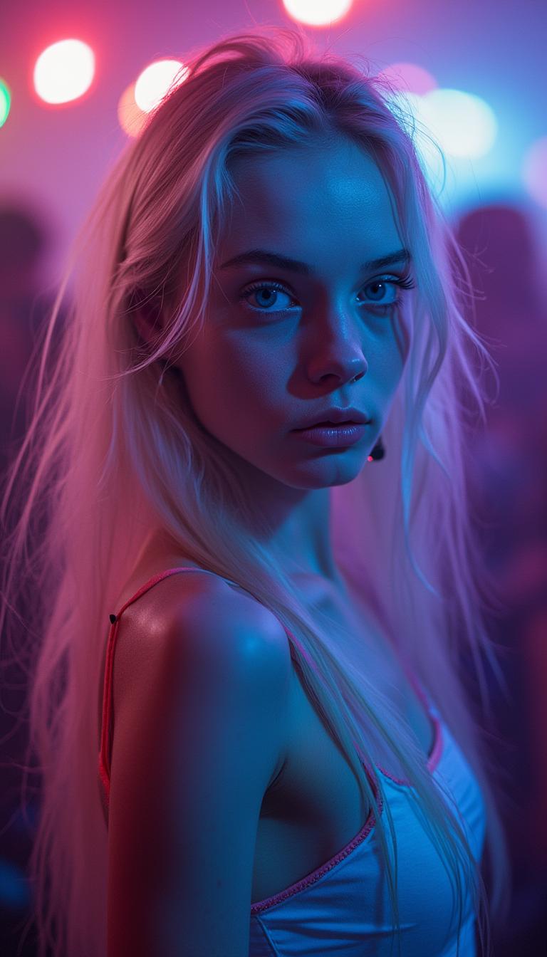 breathtaking professional photo of a 19 yo girl with silver blond long hair, white eyebrows, white eyelashes, pale skin, light freckles, amazing detailed clear ice blue eyes, she is dancing in a techno club at night, colorful led flash lights illuminate the scene, Hasselblad professional  photoshoot, light from the side, bokeh