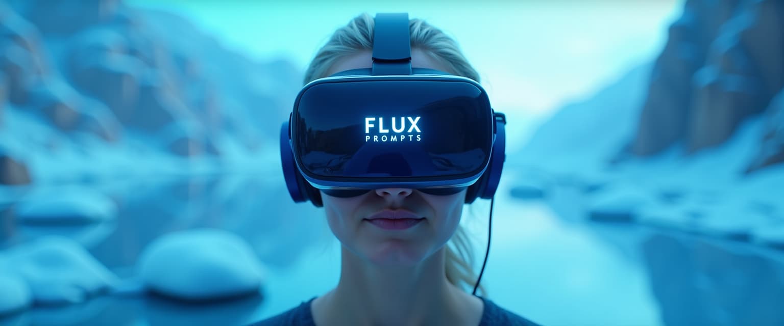 This image depicts a person, facing the viewer, wearing a virtual reality headset. The headset has a sleek, modern design with a dark blue and black color scheme, featuring a curved, semi transparent screen that displays the text FLUX PROMPTS in a white font against a blue background. The headset is equipped with earpieces that are also dark blue, matching the overall color scheme.The person is wearing a dark colored top, and their hair is blonde and pulled back, likely to keep it out of the way while using the VR headset. The background of the image is a blurred, cool toned landscape that suggests a high-tech or futuristic setting, with icy or snowy elements and a blue hue, which complements the overall color palette of the image.The lighting in the image is soft and diffused, with a cool blue tone that matches the overall color scheme. There is a sense of depth created by the blurred background, which gives the impression of a three-dimensional space.The art style of the image is digital, with a focus on clean lines and a modern aesthetic. The medium appears to be a digital photograph or a digitally manipulated image, given the clarity and sharpness of the details.Overall, the image conveys a sense of advanced technology and futuristic exploration, emphasized by the use of cool tones, hightech equipment, and a blurred, otherworldly background.
