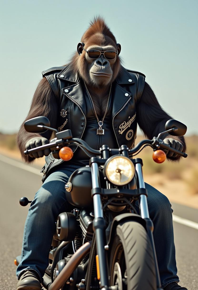 Imagine a hyperrealistic photo of a gorilla dressed as member of a rocker band with leather dress, singes and symbols on it. Sitting on a Harley Davidson Fat Boy motorcycle on a dessert road in Texas. Wearing a sunglasses.