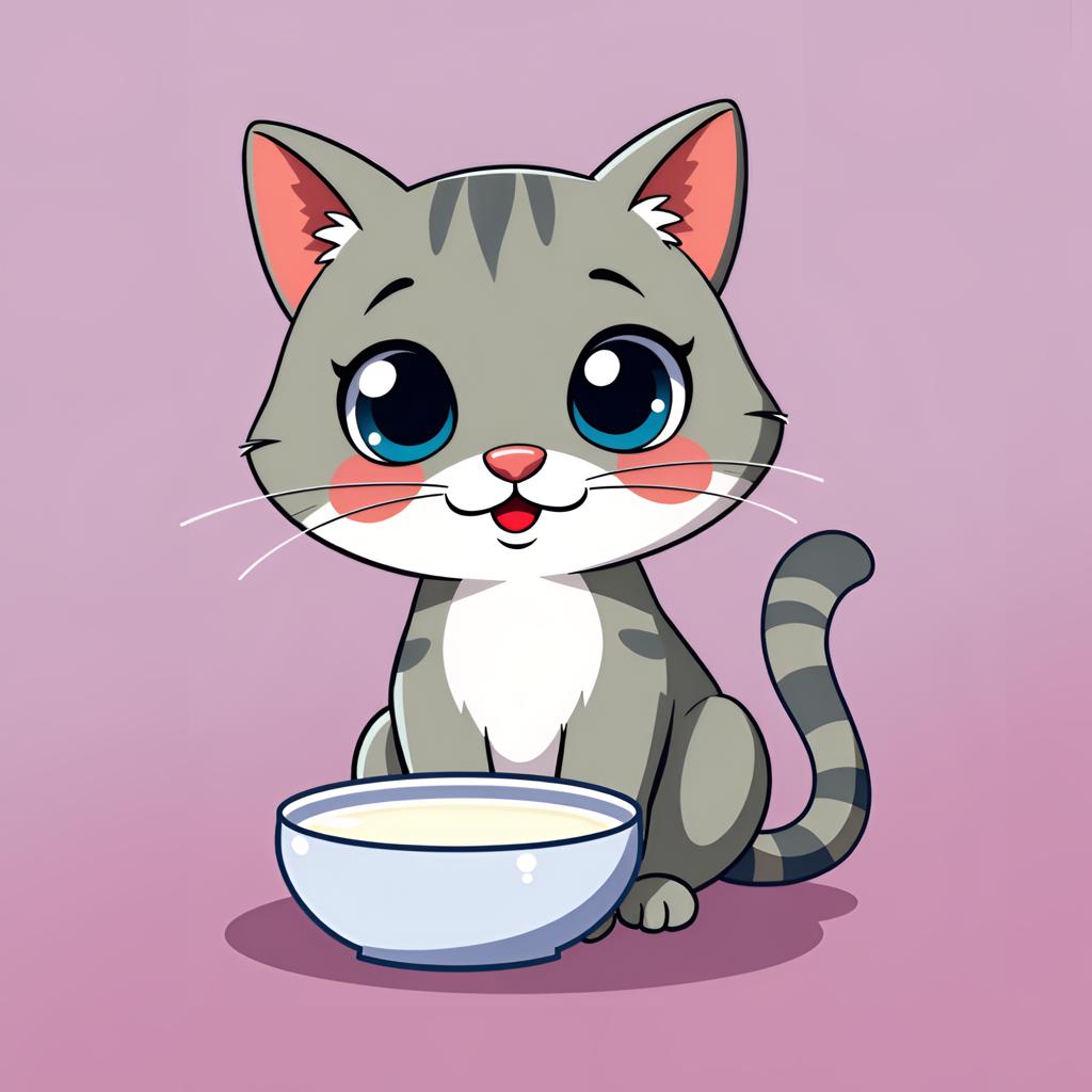 A cartoon cat drinking milk from a bowl