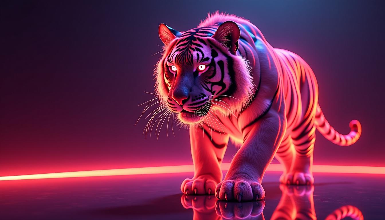 Tiger traced in 3D in neon lights, dynamic composition and dramatic lighting, darkcore, minimalist and subtle details, neon violet and neon orange,  amazing background, global illumination, ray tracing, photorealistic, hyper realistic, hyper detailed, hdr, fxaa, 4k, vibrance 

