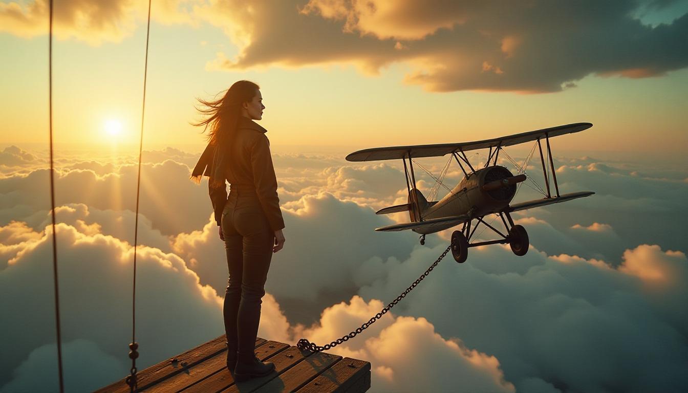 cinematic photo, medium wide shot, dramatic angle, woman in a vintage leather flight suit and scarf standing on a suspended wooden platform high above the clouds, broken biplane wing behind her tethered by thick cables, wind in her hair, atmospheric clouds glowing with warm sunlight and hints of aurora, high-altitude haze, lens flare, shallow DOF, bokeh, 16K, shot on ARRI Alexa 65, natural light, color grading inspired by The Aeronauts