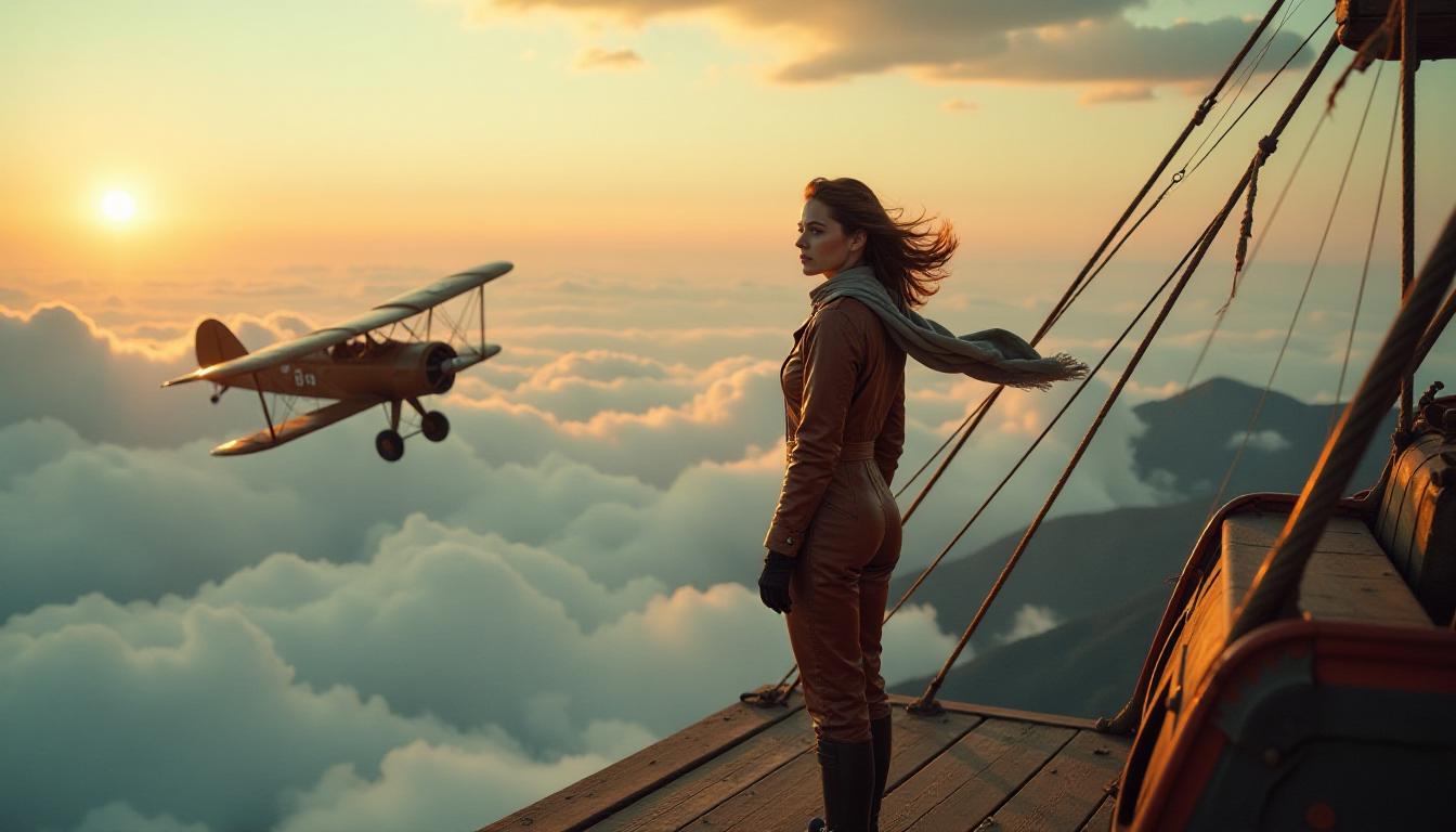 cinematic photo, medium wide shot, dramatic angle, woman in a vintage leather flight suit and scarf standing on a suspended wooden platform high above the clouds, broken biplane wing behind her tethered by thick cables, wind in her hair, atmospheric clouds glowing with warm sunlight and hints of aurora, high-altitude haze, lens flare, shallow DOF, bokeh, 16K, shot on ARRI Alexa 65, natural light, color grading inspired by The Aeronauts
