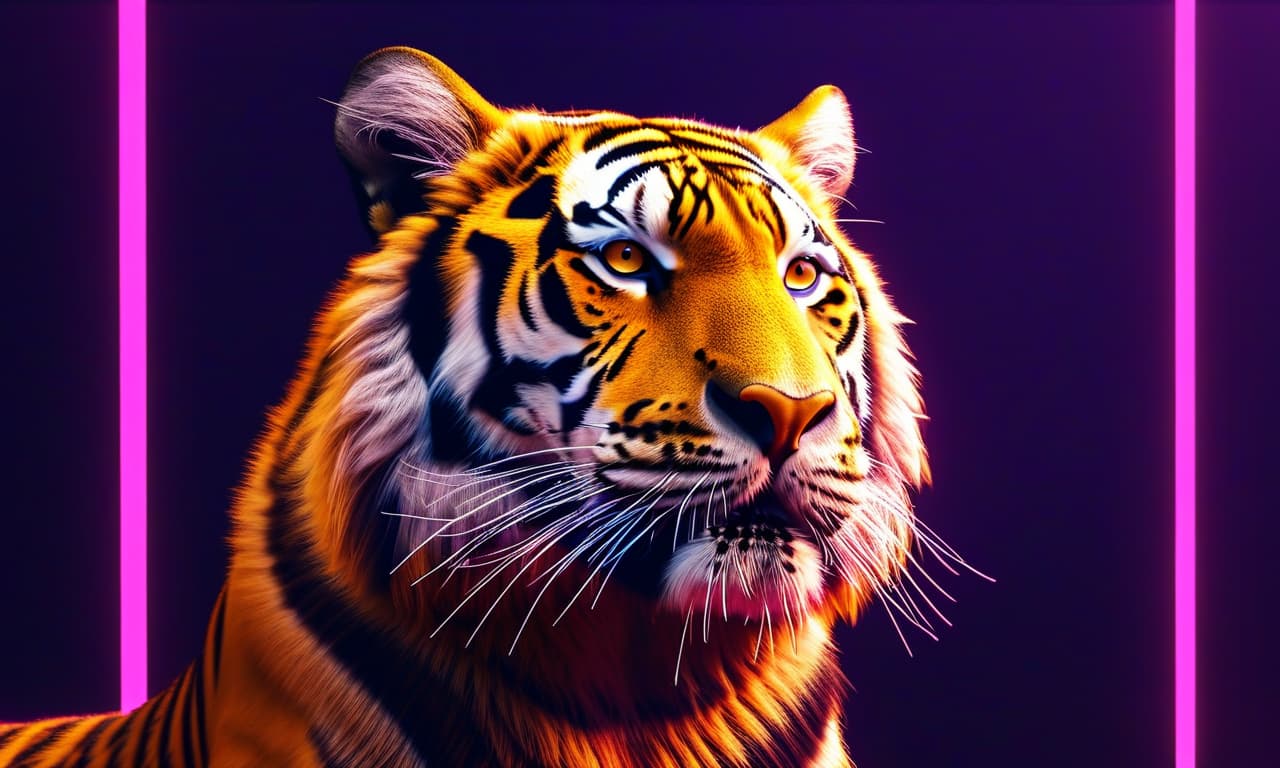 tiger traced in 3D in neon lights, dynamic composition and dramatic lighting, darkcore, minimalist and subtle details, neon violet and neon orange,  amazing background, global illumination, ray tracing, photorealistic, hyper realistic, hyper detailed, hdr, fxaa, 4k, vibrance 
