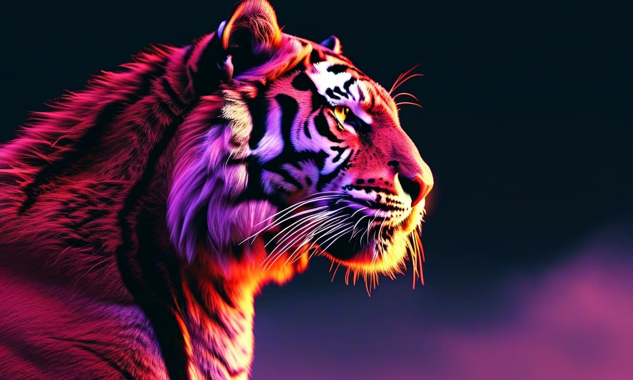 tiger traced in 3D in neon lights, dynamic composition and dramatic lighting, darkcore, minimalist and subtle details, neon violet and neon orange,  amazing background, global illumination, ray tracing, photorealistic, hyper realistic, hyper detailed, hdr, fxaa, 4k, vibrance 
