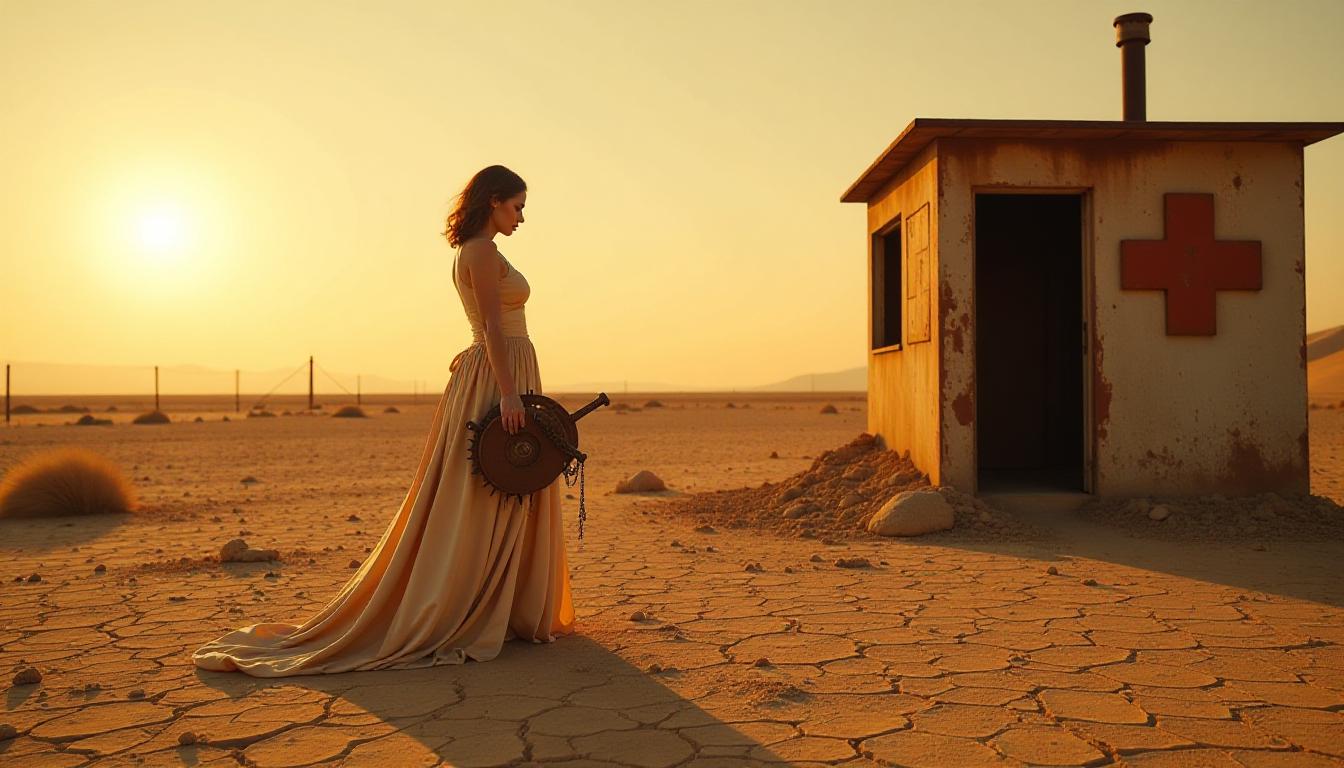 wide-angle photo, over-the-shoulder perspective, woman in a torn, faded evening gown holding a broken rusty part of a robot, standing in a desolate desert plain, next to a rusted, sun-bleached medical shed. The ground is cracked and dry, scattered with windblown debris and old fence posts. In the far distance: the ghostly outline of a ruined city half-buried in sand dunes. Late golden hour light casting long shadows, drifting dust particles in the air, warm sun filtering through a hazy orange sky. Ultra-sharp details, shallow depth of field, cinematic lens blur, 16K, soft but gritty mood, natural lighting.