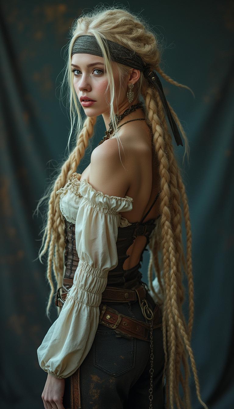 Photorealistic portrait of an evil female pirate, blonde braided dreadlocks, full body facing forward, soft pastel colors with dark accents, high-resolution detail, dark background, soft lighting, graceful and elegant features, professional editorial photography style.