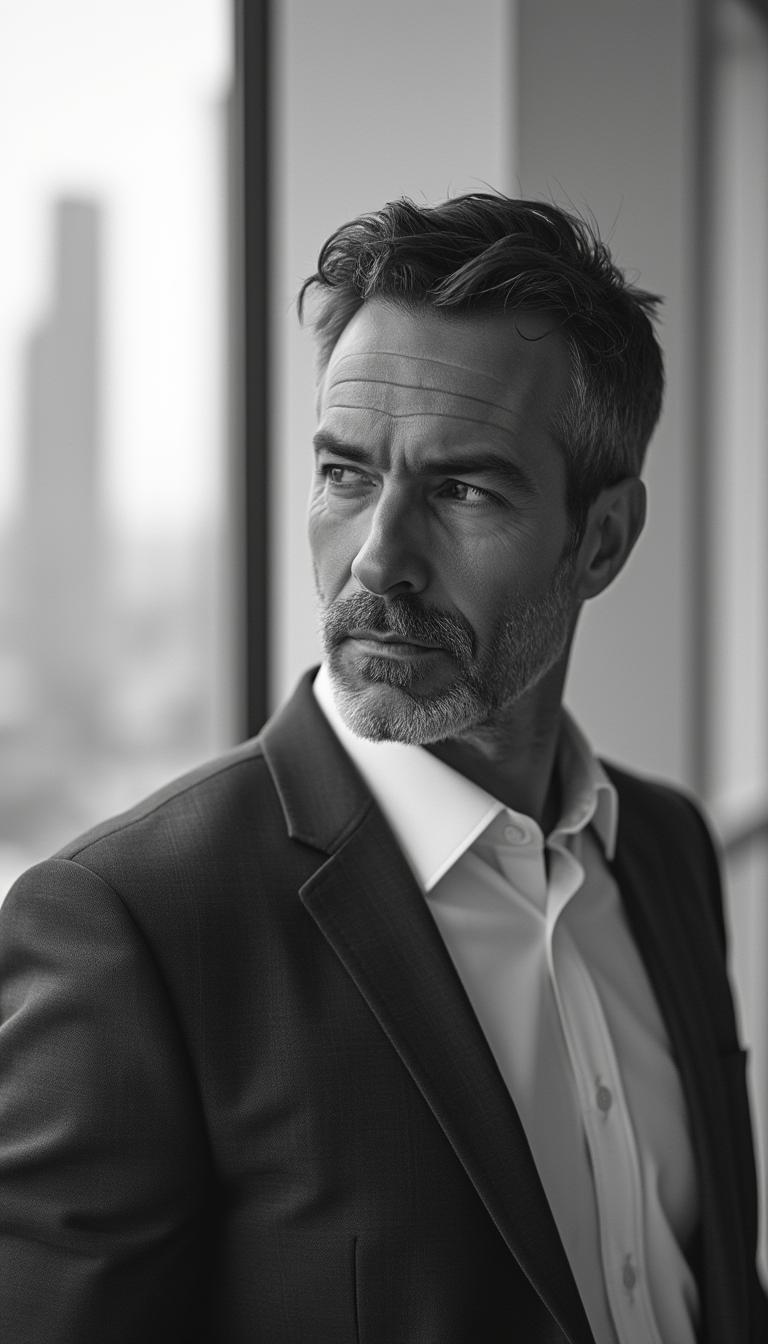 A middle-aged businessman with a sharp jawline and slight stubble, wearing a crisp white shirt and dark gray suit, is standing in a slight angle, showcasing his side profile against a stark black and white background with a blurred cityscape building subtly visible in the distance, perhaps a skyscraper or an office complex, with clean lines and modern architecture, the contrast between the subject's attire and the monochromatic background creating a striking visual effect, with the businessman's facial expression conveying a sense of confidence and determination, his eyes gazing forward with a introspective intensity.