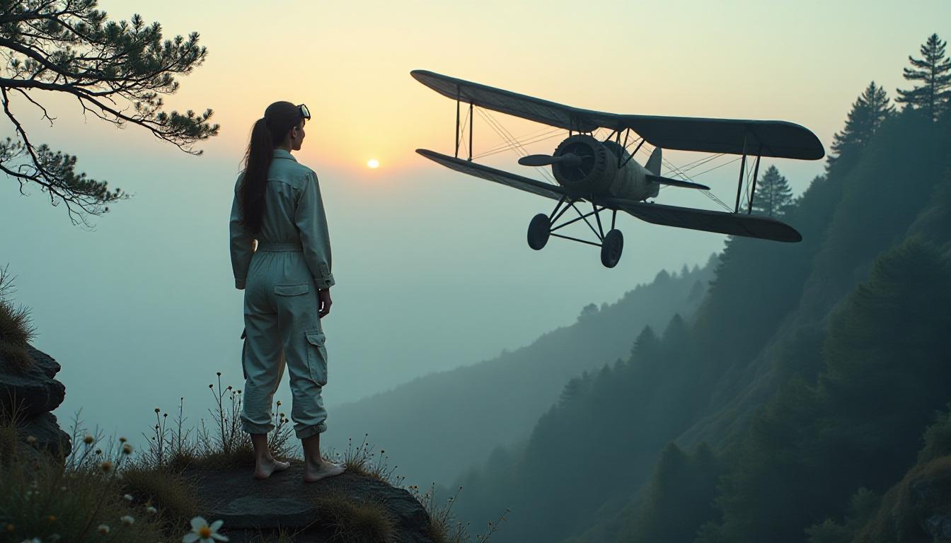 cinematic photo, medium-long shot, a woman in a worn white underwear stands barefoot with her arm raised at the edge of a misty cliff at dawn, staring up at a rusted biplane suspended in the trees above her—its wings caught in twisted branches, fabric fluttering in the morning breeze. Her long, dark hair is tied back, goggles pushed up on her head. Fog rolls over the cliffside below, the forest stretches endlessly behind her. Cold blue ambient light with soft golden rim lighting on the horizon. Wildflowers at her feet. Deep emotional stillness. Shallow depth of field, high detail, lens flare, 16K, captured on Leica M10, quiet tone, like a photo pulled from a dream.