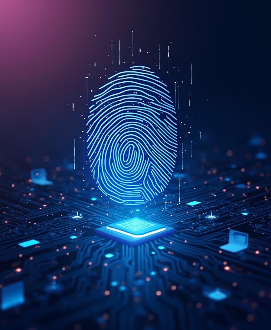 Create a futuristic, high-contrast cover image for a digital fingerprint-themed infographic, featuring a stylized, glowing blue fingerprint at its center, set against a dark, gradient background that transitions from deep purple to black, evoking a sense of technology and secrecy. The fingerprint's lines and ridges are embellished with tiny, shimmering circuits and microchips, symbolizing the intersection of human identity and digital data. In the surrounding space, subtle, ghostly impressions of digital devices, such as smartphones and laptops, are faintly visible, hinting at the omnipresence of technology in modern life. The overall aesthetic is sleek, modern, and slightly ominous, with bold, geometric shapes and clean lines dominating the composition. The color palette is predominantly dark blues and purples, with flashes of bright, electric blue to represent the digital realm.