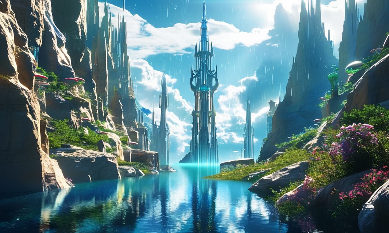 Wonderland, landscape, futuristic underwater cityscape, reflections, volumetric lighting, rain, hyper detailed, photorealistic, unreal engine, style of final fantasy, photorealistic, ethereal, surreal, 8k, otherworldly, tall, mountains, ocean, mirrors, glass, technicolor, analog, digital, photo, backlit, 256k, Ultra realistic,
