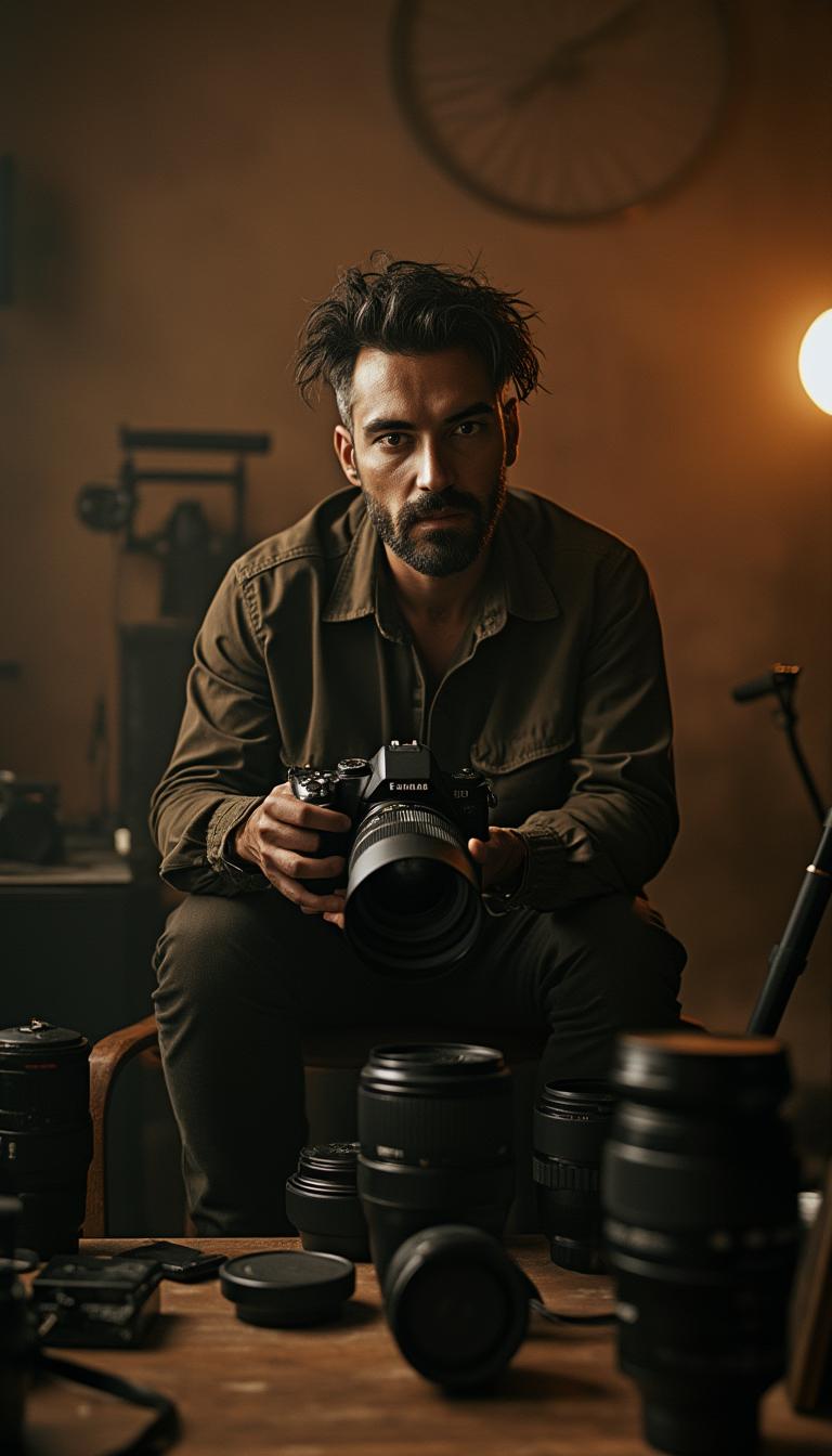 a dramatic, high-contrast, cinematic photograph of Farma, a talented photographer in action, captured in a dimly lit studio with a large camera and lens in hand, surrounded by scattered photography equipment and props, with a subtle, warm, golden lighting effect to evoke a sense of nostalgia and creativity, the overall mood being intense and focused, with Farma's facial features, including piercing eyes and a determined expression, being the central focal point of the image, set against a muted, earthy-toned background that complements the subject's skin tone, with a shallow depth of field to blur the background and emphasize the subject, in a classic, timeless, black and white aesthetic that pays homage to the art of traditional photography.