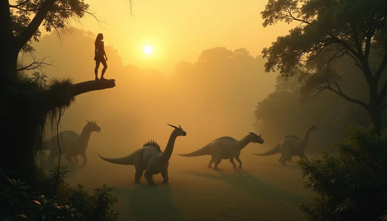 cinematic photo, jungle woman on a high branch at sunrise, mist swirling around her. Below, several massive, unclassified dinosaur-like creatures wander through the fog—some with long necks, some with horns, others unknown, partially obscured by trees. The creatures appear ancient but strange, as if evolved separately from known history. Dreamlike lighting, golden mist, deep shadows, 16K, surreal but realistic tone.