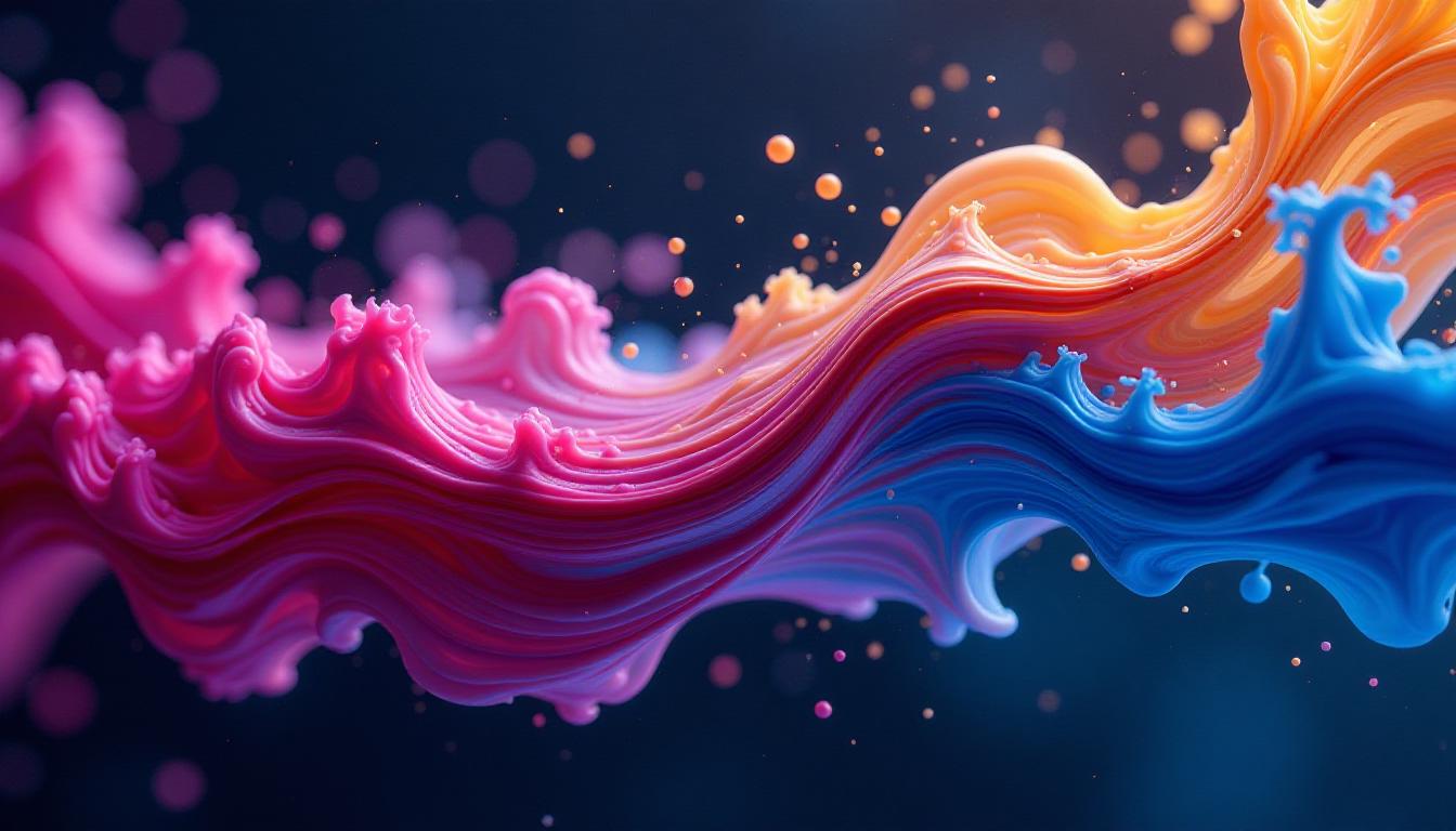 abstract design, fluid swirls of colorful ink suspended in water, captured in high-speed photography. Vivid magentas, blues, and soft golds twisting in slow motion against a dark, blurred background. Smooth gradients and soft diffusion. No focal object, just flowing organic motion. Perfect for a desktop wallpaper. Cinematic lighting, ultra-high resolution, 16K.