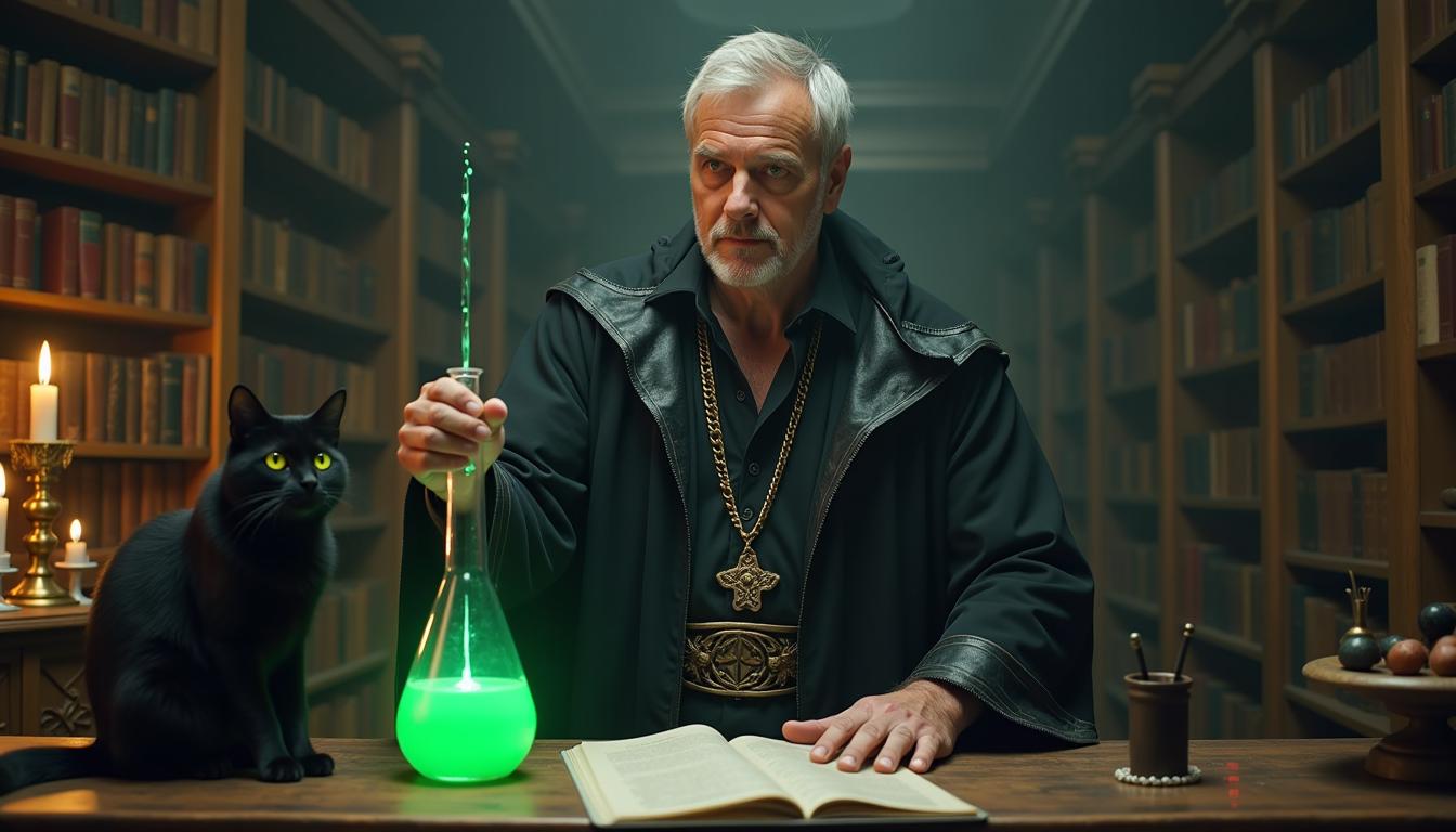 A middle-aged magician stands in his chamber at a table where he is experimenting. He is dressed in a black robe with silver trim. He holds a glass flask containing a glowing green liquid in his right hand and swivels it in a circular motion. The chamber is full of books and strange artifacts. A black cat sits on the table next to the magician, watching him with glowing yellow eyes.