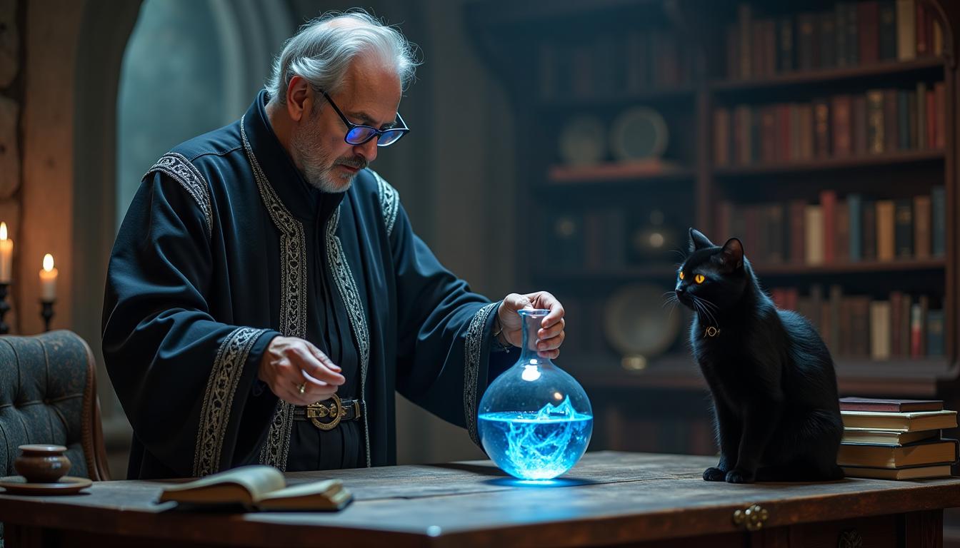 A middle-aged magician stands in his chamber at a table where he is experimenting. He is dressed in a black robe with silver trim and wears modern glasses with blue lenses. He holds a glass flask with a blue glowing liquid in his right hand and swivels it in a circular motion. The chamber is full of books and strange artifacts. A black cat sits on the table next to the magician, watching him with glowing yellow eyes.
