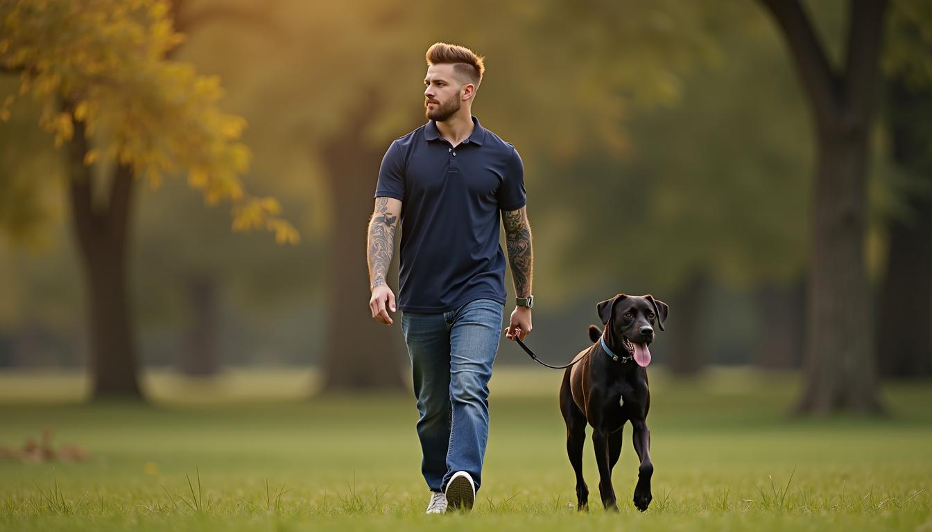 A young man, short and stocky, is walking his Rhodesian Ridgeback dog with a dark coat in a park. The man wears a chin beard and a modern short man's hairstyle with his neck shaved and very short over his ears. He has striking geometric tattoos on his left arm. He is wearing jeans and a dark blue Calvin Klein polo shirt. The mood is one of sunrise with diffuse light casting long shadows.