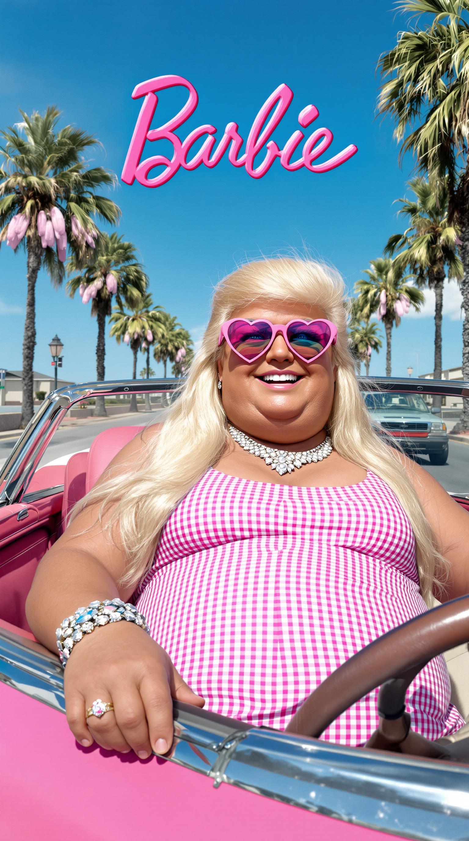 Photorealistic parody inspired by the 2023 Barbie movie. Donald Trump reimagined as Barbie, driving a pink convertible solo. He is morbidly overweight, wearing a tight pink gingham sundress that stretches around his body. His long platinum wig flows in the wind, and he sports oversized heart-shaped sunglasses with pink-tinted, see-through lenses clearly revealing his unmistakable face. He smiles proudly with glossy lips, caked foundation, and thick mascara. A dazzling diamond necklace and bracelet sparkle in the sun. The sky is hyper-saturated blue, palm trees in the distance, and the classic Barbie logo floats above. Ultra-detailed, glamorously grotesque, satirical and surreal