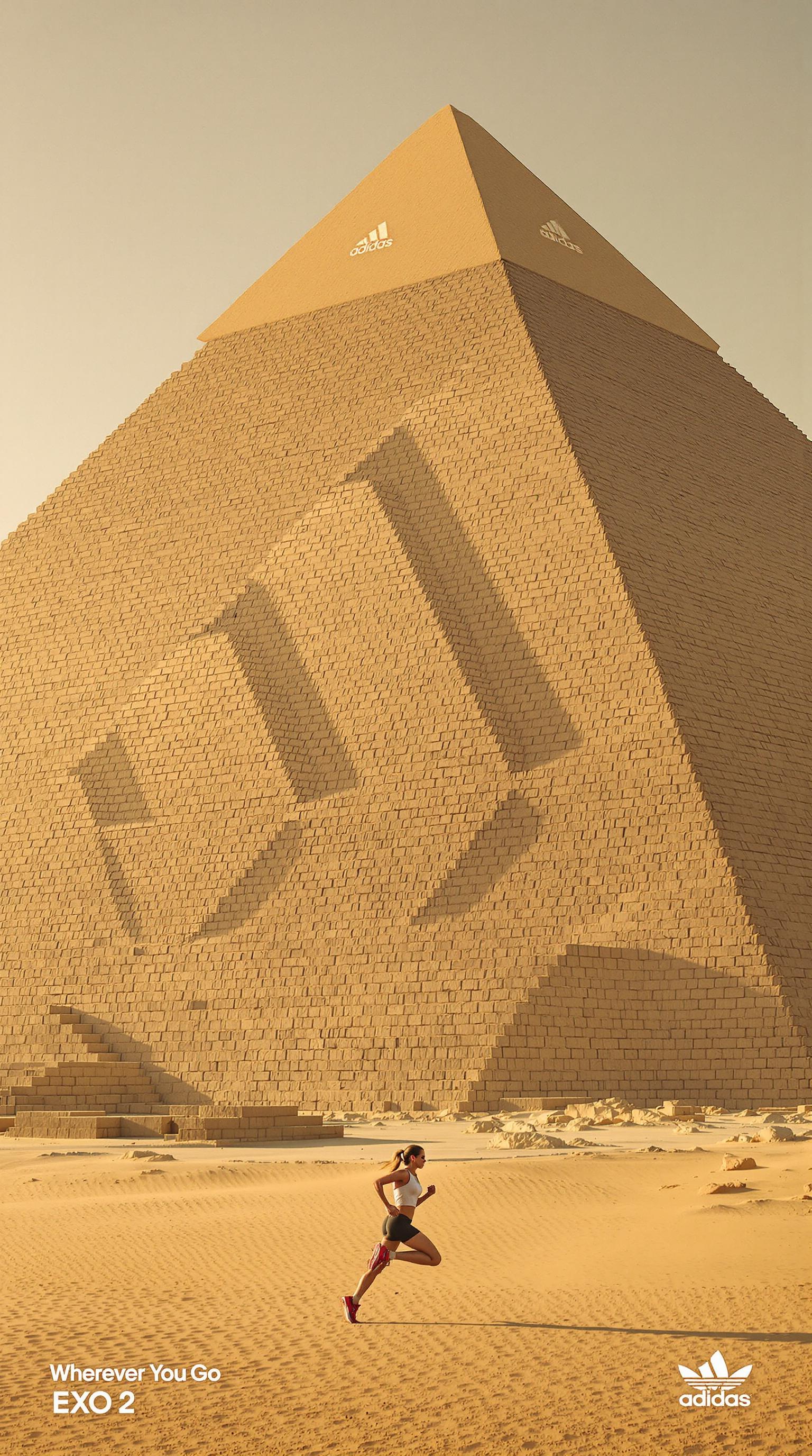 Ultra-realistic image for an Adidas ad campaign titled 'Wherever You Go'. A female runner is captured mid-stride, running laterally in the foreground, wearing Adidas performance gear with the Adidas logo visible on her outfit. Behind her stands a massive stylized pyramid in the Egyptian desert. The pyramid retains its realistic sandy stone texture and ancient look, but its structure is creatively reimagined to resemble the Adidas three-stripe logo: three distinct diagonal triangular segments, ascending from left to right. The segments are clearly separated, with visible gaps between them, forming a sculptural, logo-inspired shape — without any vector branding applied directly to the pyramid itself. The camera angle is slightly low and off-center, enhancing the depth and showing the spaces between the segments clearly. The desert is lit by warm, golden hour sunlight, casting long shadows and adding cinematic realism. The slogan 'Wherever You Go' appears subtly in the composition, reinforcing Adidas’ message of global movement, identity, and performance. font type: EXO 2 bold italic