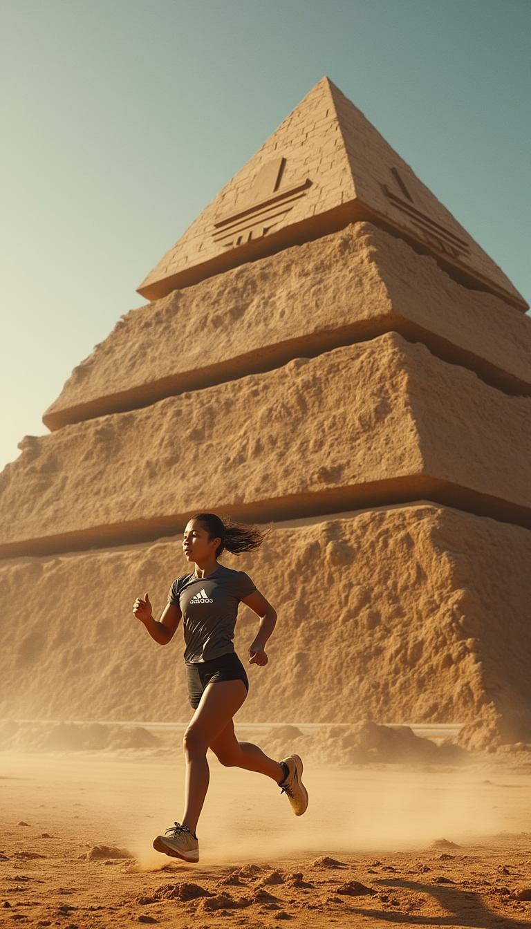 Ultra-realistic image for an Adidas ad campaign titled 'Wherever You Go'. A female runner is captured mid-stride, running laterally in the foreground, wearing Adidas performance gear with the Adidas logo visible on her outfit. Behind her stands a massive stylized pyramid in the Egyptian desert. The pyramid retains its realistic sandy stone texture and ancient look, but its structure is creatively reimagined to resemble the Adidas three-stripe logo: three distinct diagonal triangular segments, ascending from left to right. The segments are clearly separated, with visible gaps between them, forming a sculptural, logo-inspired shape — without any vector branding applied directly to the pyramid itself. The camera angle is slightly low and off-center, enhancing the depth and showing the spaces between the segments clearly. The desert is lit by warm, golden hour sunlight, casting long shadows and adding cinematic realism. The slogan 'Wherever You Go' appears subtly in the composition, reinforcing Adidas’ message of global movement, identity, and performance. font type: EXO 2 bold italic