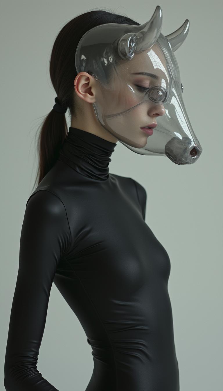 It's a female model wearing a sleek, black, high-necked leotard made of a material similar to satin or techno-fiber that gives off a cool, metallic sheen. Her hair is worn in a neat low ponytail, fitting the overall minimalist, futuristic style of her look. Most strikingly, she wears a translucent mask in the shape of a cow's head. The mask is made of a silicone or plastic-like material with a smooth silhouette, presenting a highly sculptural cow's head shape, yet the model's facial contours can be clearly seen, bringing a sense of interplay between reality and illusion. The design has a flavor of cyberpunk fused with biomimicry. The overall color palette is soft and cold, with a light gray background, making the figure more prominent and full of futuristic and experimental art. It looks like a piece from a high-concept fashion photography or futuristic art exhibition.
It's a female model wearing a sleek, black, high-necked leotard made of a material similar to satin or techno-fiber that gives off a cool, metallic sheen. Her hair is worn in a neat low ponytail, fitting the overall minimalist, futuristic style of her look. Most strikingly, she wears a translucent mask in the shape of a cow's head. The mask is made of a silicone or plastic-like material with a smooth silhouette, presenting a highly sculptural cow's head shape, yet the model's facial contours can be clearly seen, bringing a sense of interplay between reality and illusion. The design has a flavor of cyberpunk fused with biomimicry. The overall color palette is soft and cold, with a light gray background, making the figure more prominent and full of futuristic and experimental art. It looks like a piece from a high-concept fashion photography or futuristic art exhibition.It's a female model wearing a sleek, black, high-necked leotard made of a material similar to satin or techno-fiber that gives off a cool, metallic sheen. Her hair is worn in a neat low ponytail, fitting the overall minimalist, futuristic style of her look. Most strikingly, she wears a translucent mask in the shape of a cow's head. The mask is made of a silicone or plastic-like material with a smooth silhouette, presenting a highly sculptural cow's head shape, yet the model's facial contours can be clearly seen, bringing a sense of interplay between reality and illusion. The design has a flavor of cyberpunk fused with biomimicry. The overall color palette is soft and cold, with a light gray background, making the figure more prominent and full of futuristic and experimental art. It looks like a piece from a high-concept fashion photography or futuristic art exhibition.