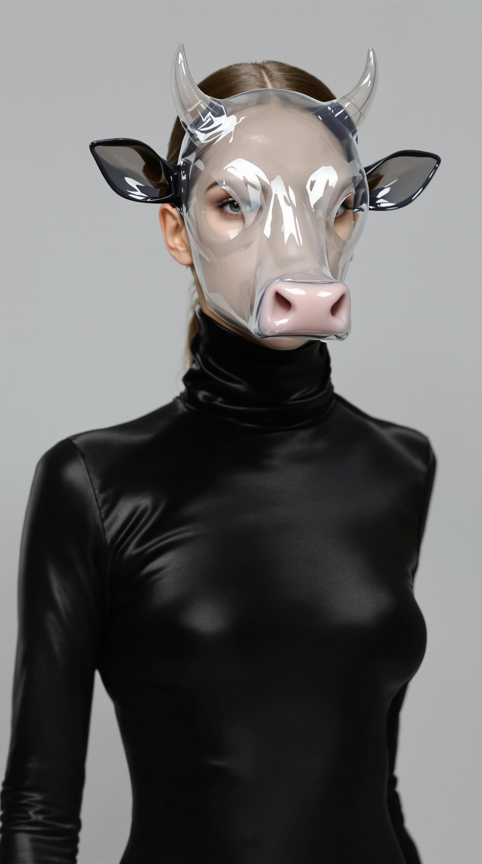 It's a female model wearing a sleek, black, high-necked leotard made of a material similar to satin or techno-fiber that gives off a cool, metallic sheen. Her hair is worn in a neat low ponytail, fitting the overall minimalist, futuristic style of her look. Most strikingly, she wears a translucent mask in the shape of a cow's head. The mask is made of a silicone or plastic-like material with a smooth silhouette, presenting a highly sculptural cow's head shape, yet the model's facial contours can be clearly seen, bringing a sense of interplay between reality and illusion. The design has a flavor of cyberpunk fused with biomimicry. The overall color palette is soft and cold, with a light gray background, making the figure more prominent and full of futuristic and experimental art. It looks like a piece from a high-concept fashion photography or futuristic art exhibition.
It's a female model wearing a sleek, black, high-necked leotard made of a material similar to satin or techno-fiber that gives off a cool, metallic sheen. Her hair is worn in a neat low ponytail, fitting the overall minimalist, futuristic style of her look. Most strikingly, she wears a translucent mask in the shape of a cow's head. The mask is made of a silicone or plastic-like material with a smooth silhouette, presenting a highly sculptural cow's head shape, yet the model's facial contours can be clearly seen, bringing a sense of interplay between reality and illusion. The design has a flavor of cyberpunk fused with biomimicry. The overall color palette is soft and cold, with a light gray background, making the figure more prominent and full of futuristic and experimental art. It looks like a piece from a high-concept fashion photography or futuristic art exhibition.It's a female model wearing a sleek, black, high-necked leotard made of a material similar to satin or techno-fiber that gives off a cool, metallic sheen. Her hair is worn in a neat low ponytail, fitting the overall minimalist, futuristic style of her look. Most strikingly, she wears a translucent mask in the shape of a cow's head. The mask is made of a silicone or plastic-like material with a smooth silhouette, presenting a highly sculptural cow's head shape, yet the model's facial contours can be clearly seen, bringing a sense of interplay between reality and illusion. The design has a flavor of cyberpunk fused with biomimicry. The overall color palette is soft and cold, with a light gray background, making the figure more prominent and full of futuristic and experimental art. It looks like a piece from a high-concept fashion photography or futuristic art exhibition.