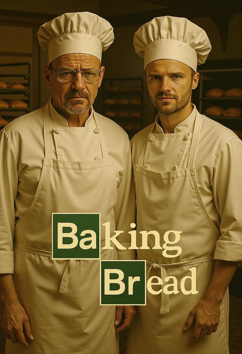 Breaking Bad movie poster, but its actually "Baking Bread" and they are dressed as bakers