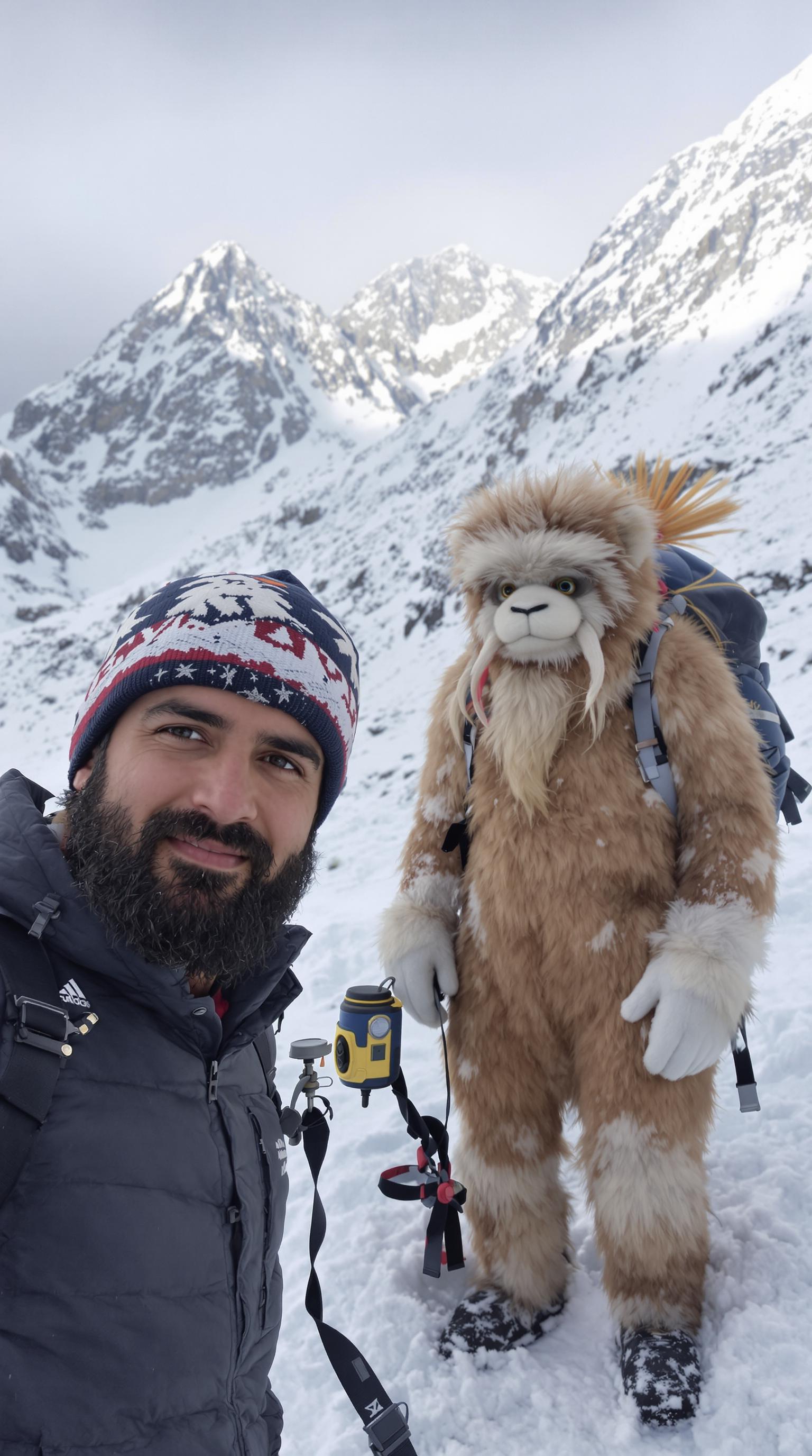 pakistani blogger in snowy mountain with a yeti as a companion