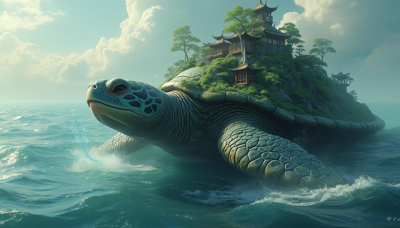 A colossal, ancient xianxia cultivation turtle gliding gracefully on the oceans surface its massive, weathered shell resembling a lush, mystical island complete with towering trees, waterfalls, and ancient temples. Ethereal wisps of glowing spiritual qi swirl and gather around its mouth, illuminating the water with a soft, otherworldly light. The scene is cinematic, photorealistic, with intricate textures on the turtle's shell and skin, and dynamic ocean currents creating a sense of awe and wonder.