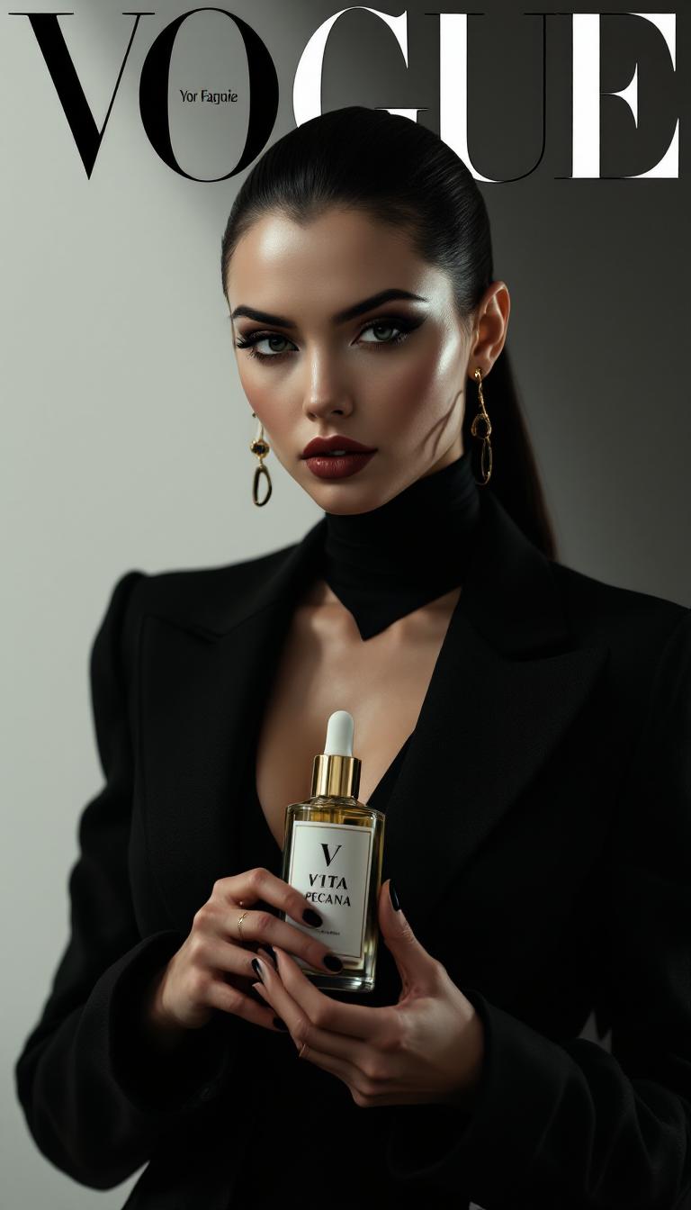 Realistic portrait of Yor Forger from Spy Family as a high-fashion model on the cover of VOGUE magazine. Elegant black assassin outfit that she wears, confident and mysterious expression, sleek hairstyle, cinematic lighting. Vogue logo at the top, fashion magazine layout, minimalist background, professional photography style She's holding a Vita Pecana Oil Bottle